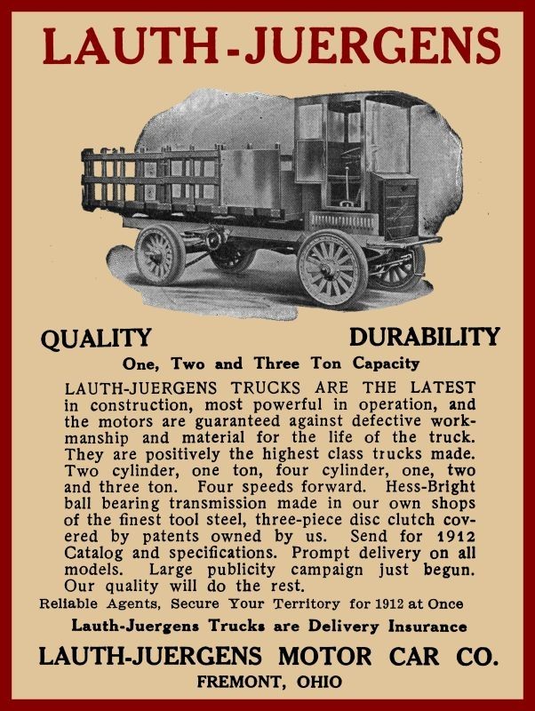 1912 Lauth Juergens Motor Truck of Fremont, OhiO New Metal Sign: 9x12\
