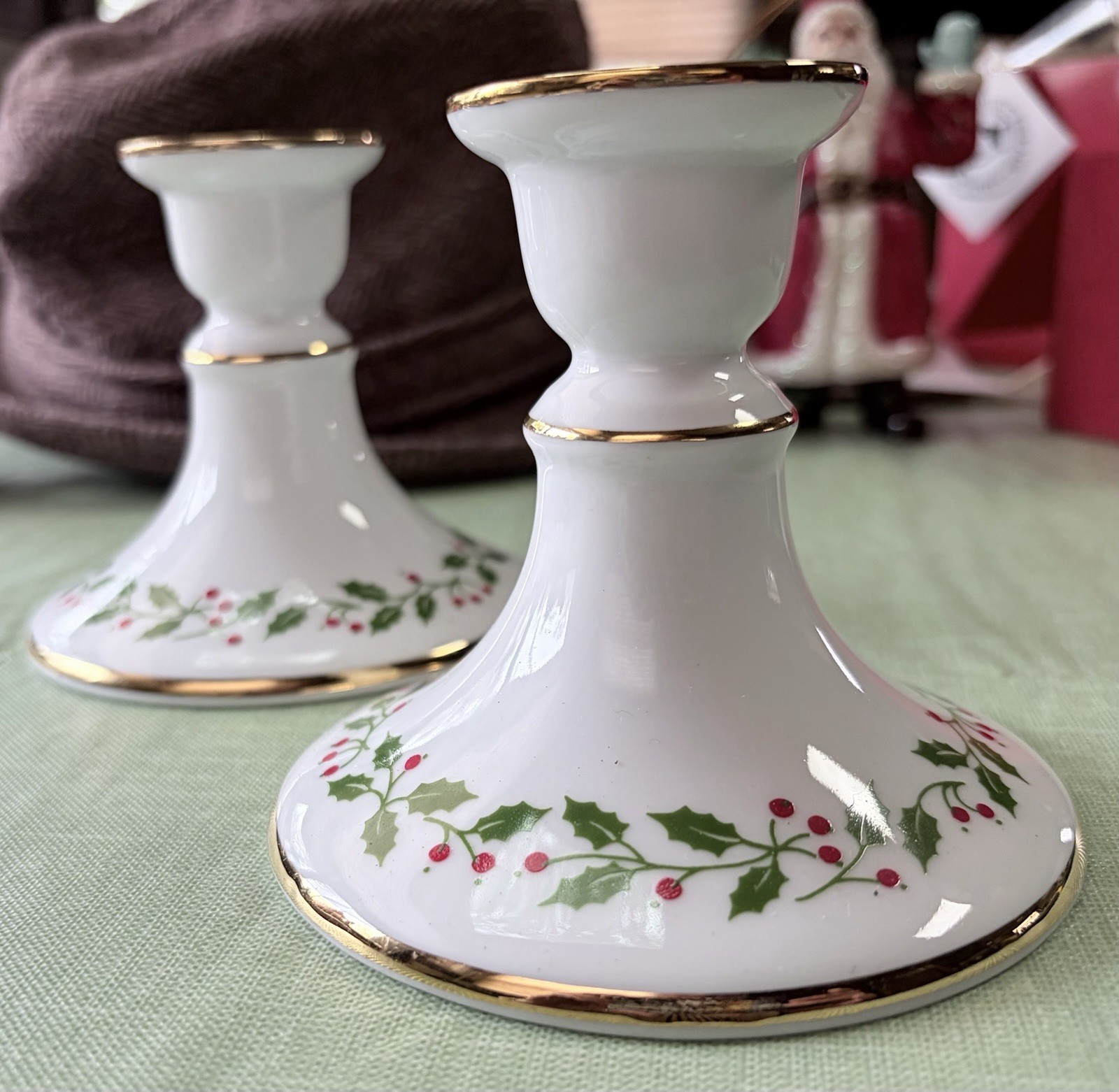 Gerold Porzellan Bavaria Candle Stick Holder Taper Holly Leaves Berries Set of 2