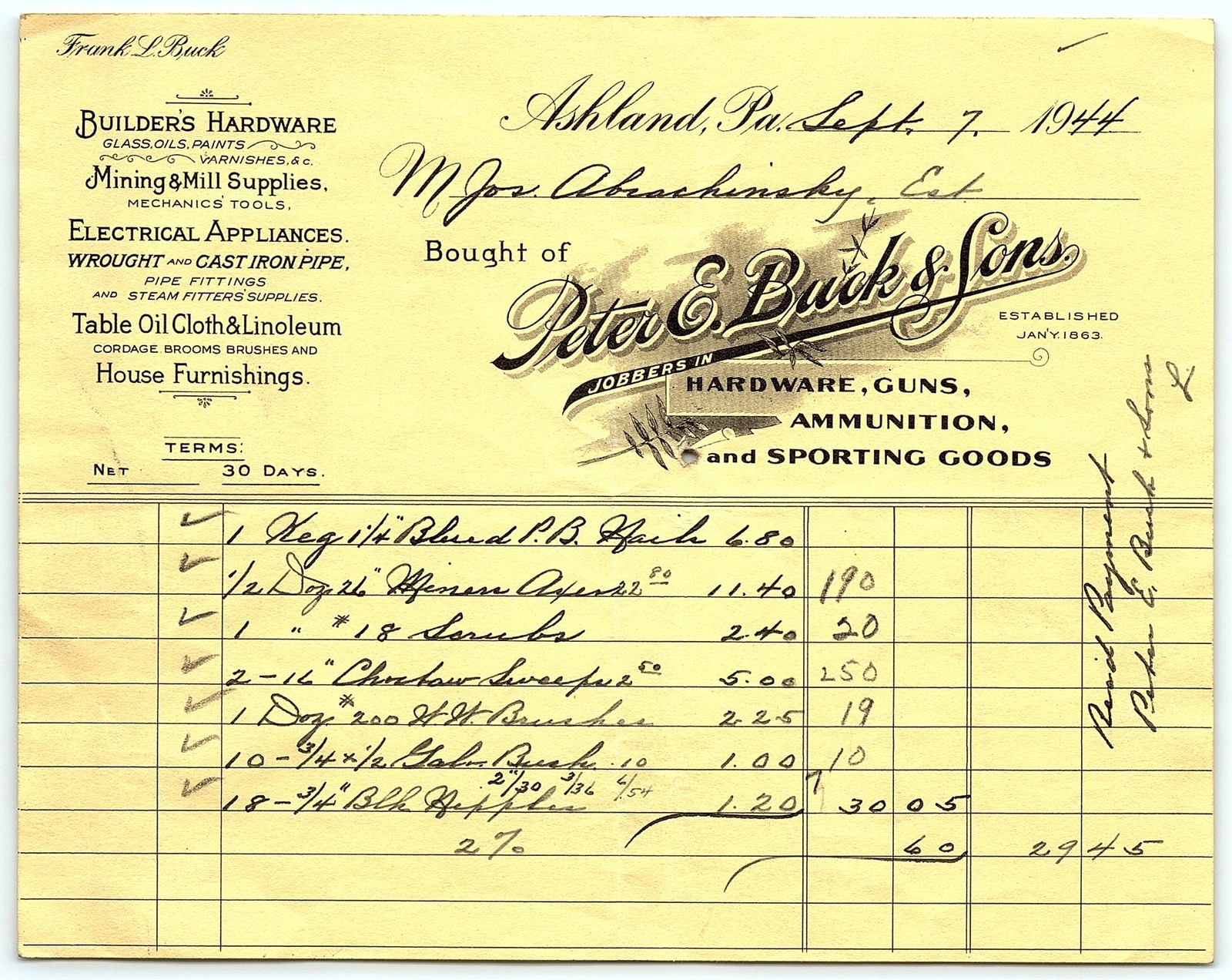 1944 Ashland PA Peter & Buick Hardware/Guns Billhead 1944 Ashland PA Peter & Buick Hardware/Guns Billhead