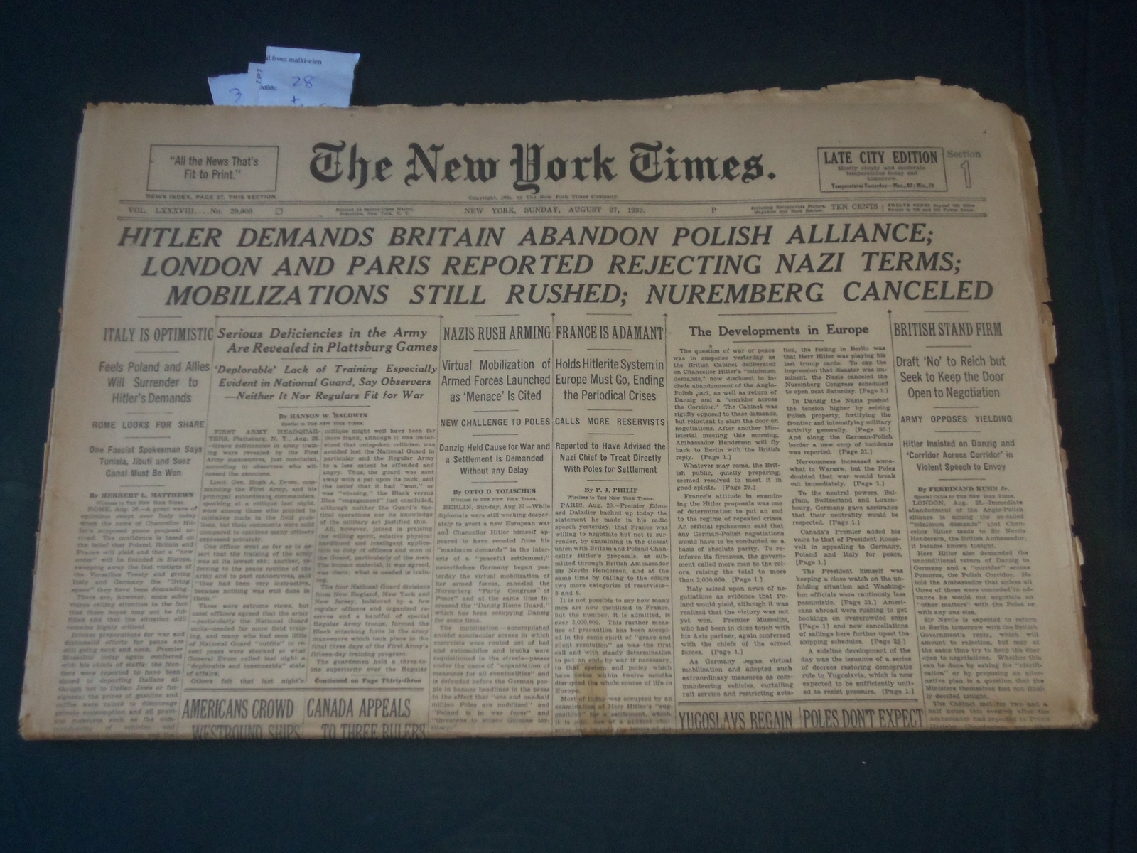 1939 AUGUST 27 NEW YORK TIMES - HITLER DEMANDS BRITAIN ABANDON ALLIANCE- NP 3608 1939 AUGUST 27 NEW YORK TIMES - HITLER DEMANDS BRITAIN ABANDON ALLIANCE- NP 3608