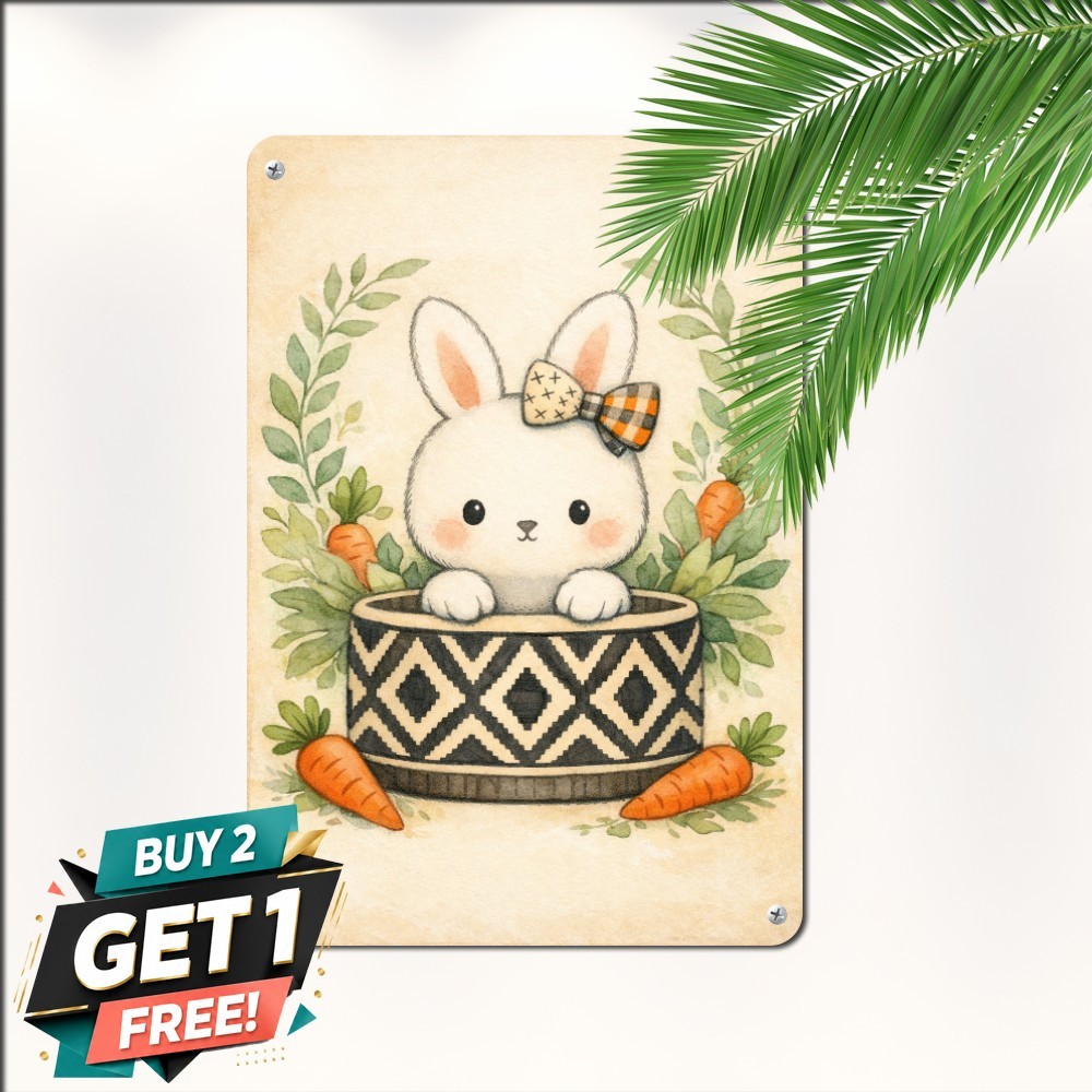 Geometric Diamond Pot Bunny Sign Whimsical Spring Rabbit Tin Wall Plaque