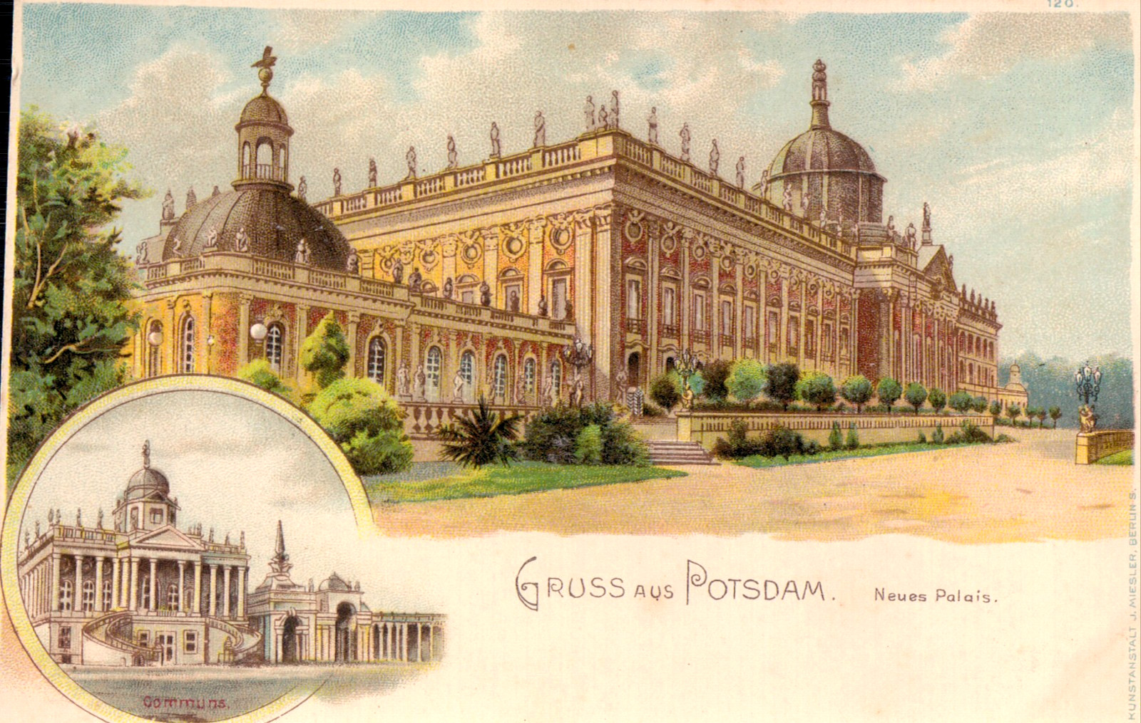 Litho Postcard Greetings from Potsdam New Palace around 1900 Litho Postcard Greetings from Potsdam New Palace around 1900