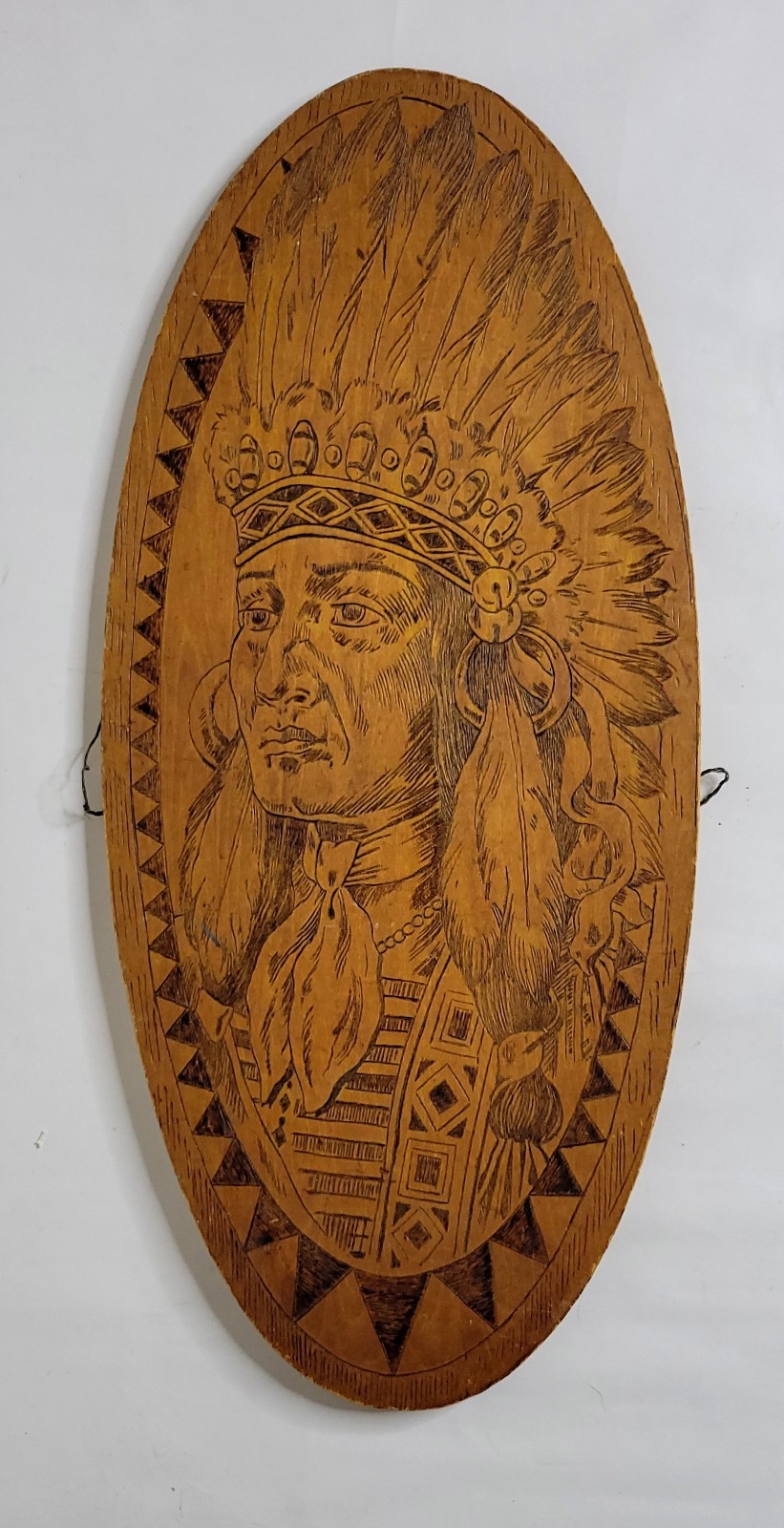 Antique 1901 Pyrography Native American Chief Portrait Plaque Signed & Dated