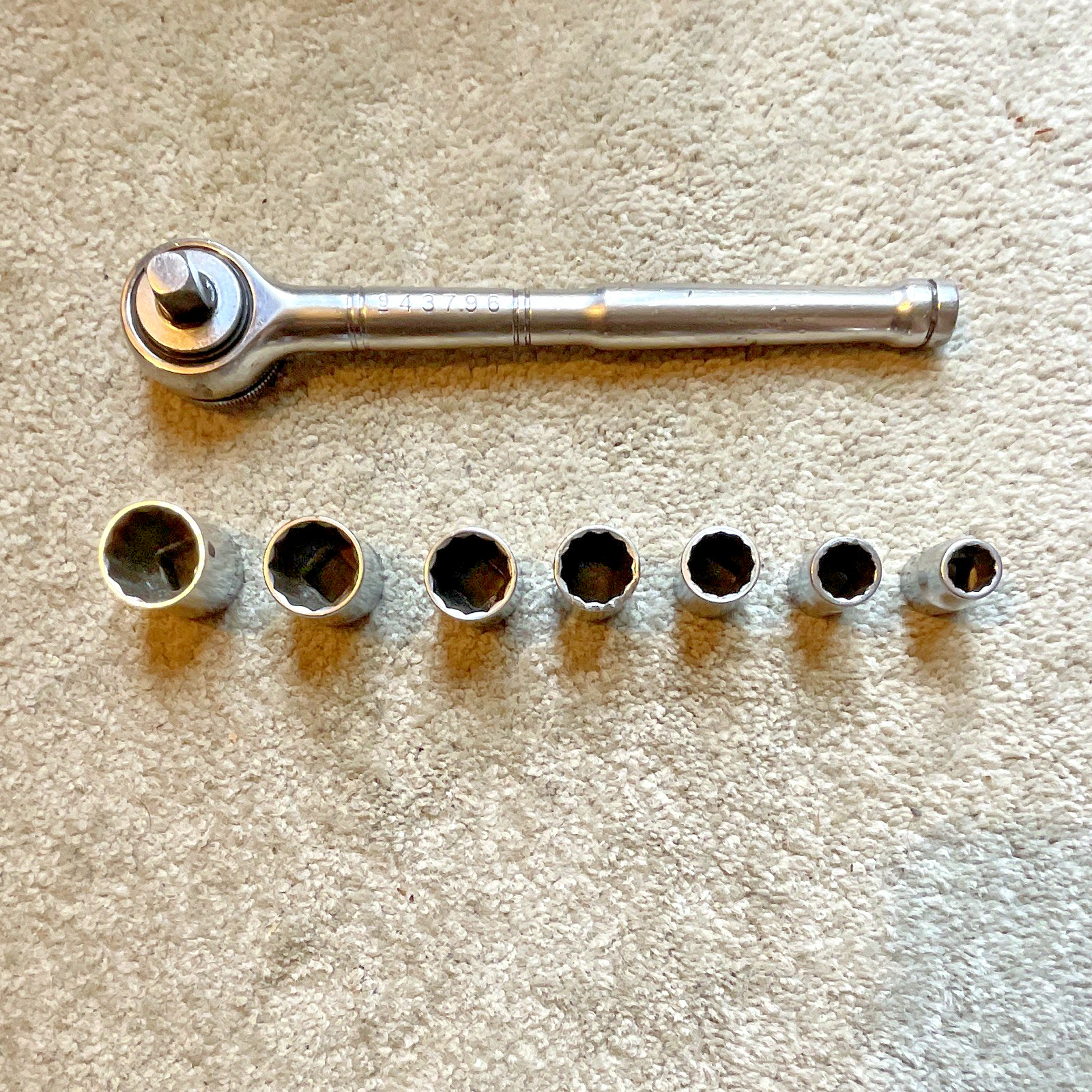 Vintage Craftsman Tri-Wing 3/8” Drive Ratchet With 7 SAE 12 Pt Sockets 3/8-3/4” Vintage Craftsman Tri-Wing 3/8” Drive Ratchet With 7 SAE 12 Pt Sockets 3/8-3/4”