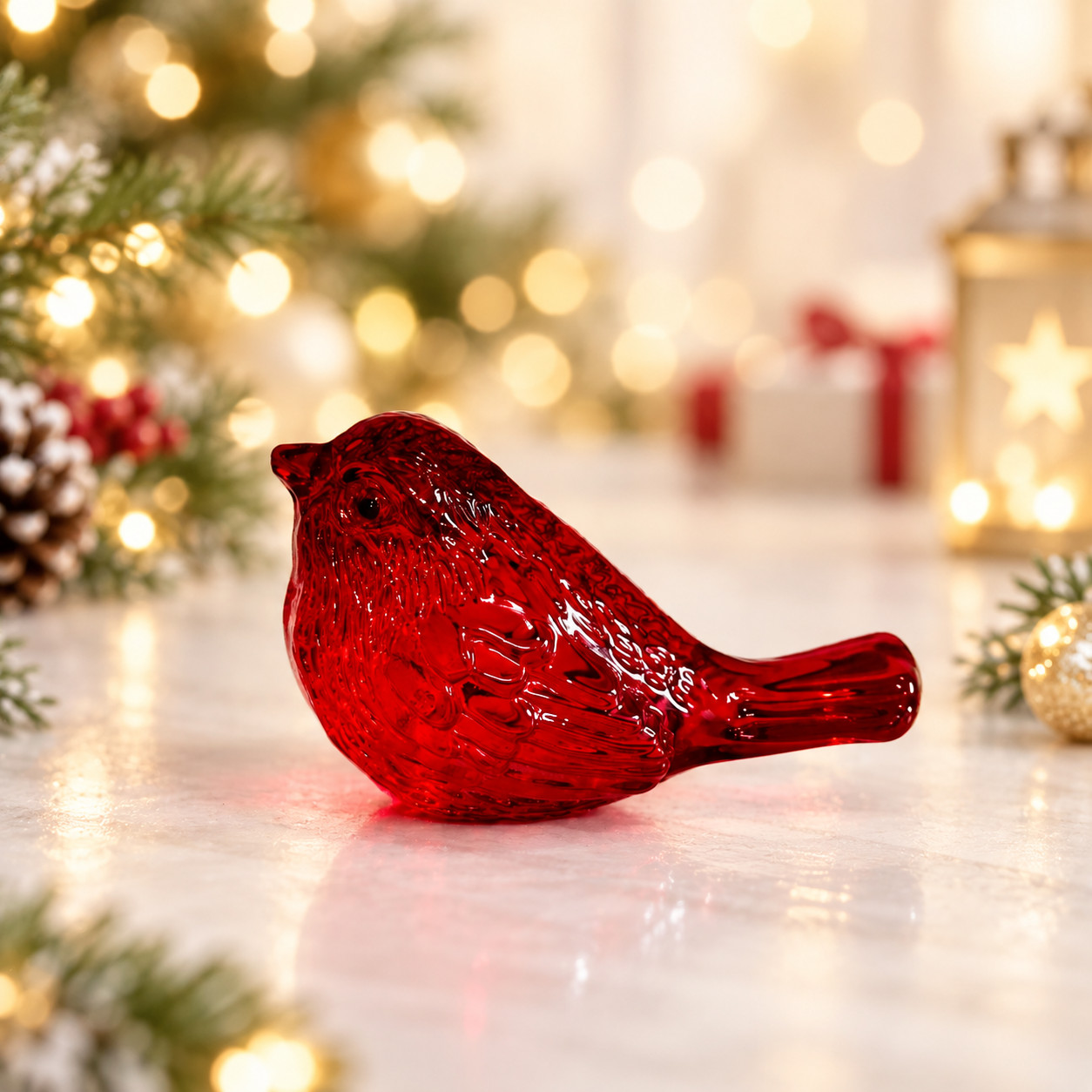 Red Glass Bird Figurine Christmas Songbird Holiday Shelf Table Decor Gift 3 Inch
