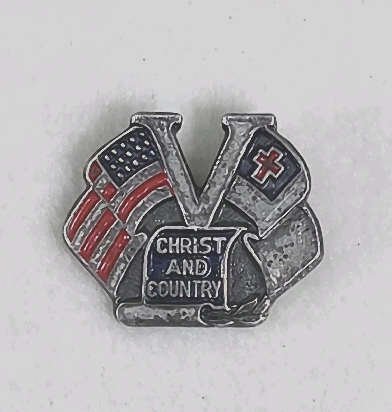 Vintage 1942 WWII CHRIST AND COUNTRY Enamel STERLING Pin VICTORY Pinback