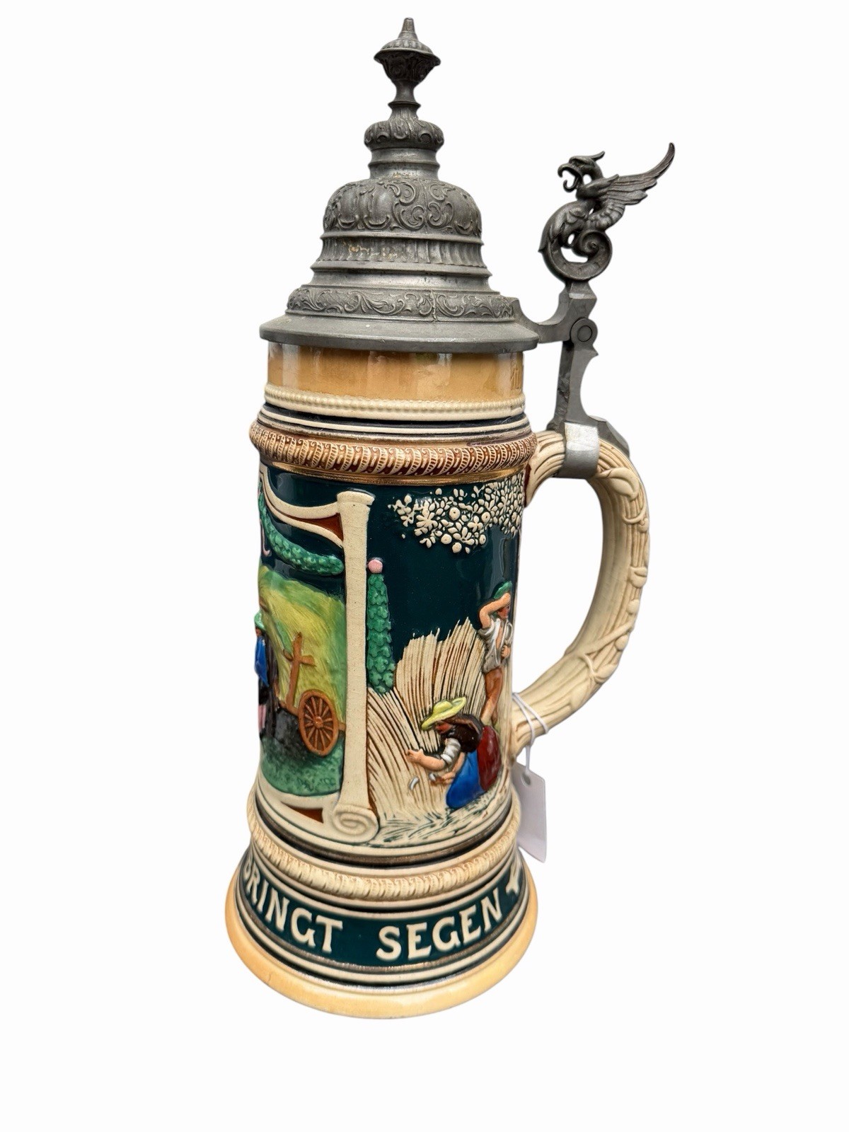 Antique Marzi Remy German Beer Stein Relief 1999 Sich Regen Bringt Segen Lidded