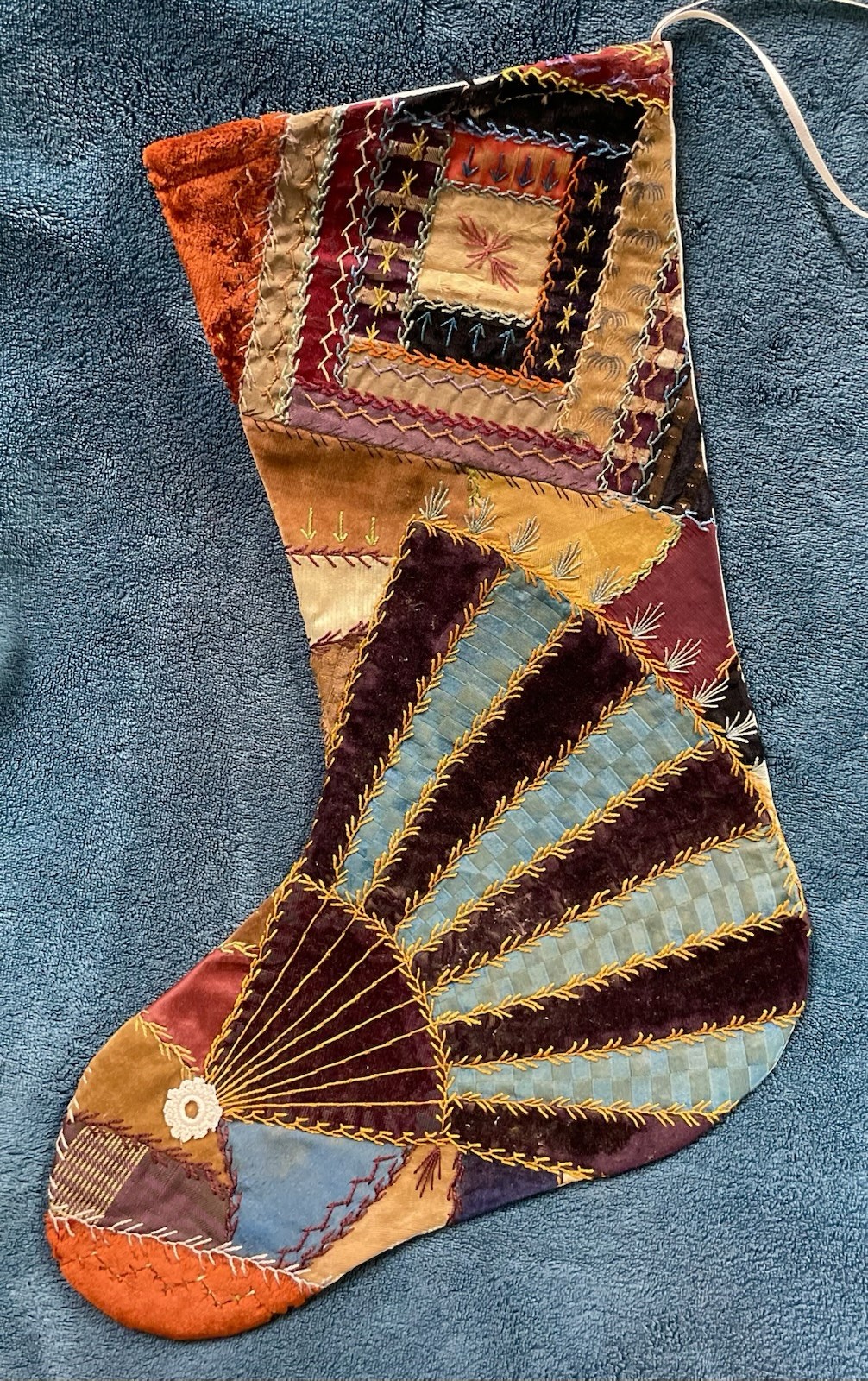 GORGEOUS ANTIQUE VINTAGE CRAZY QUILT CHRISTMAS STOCKING CUTTER QUILT 26-96 GORGEOUS ANTIQUE VINTAGE CRAZY QUILT CHRISTMAS STOCKING CUTTER QUILT 26-96