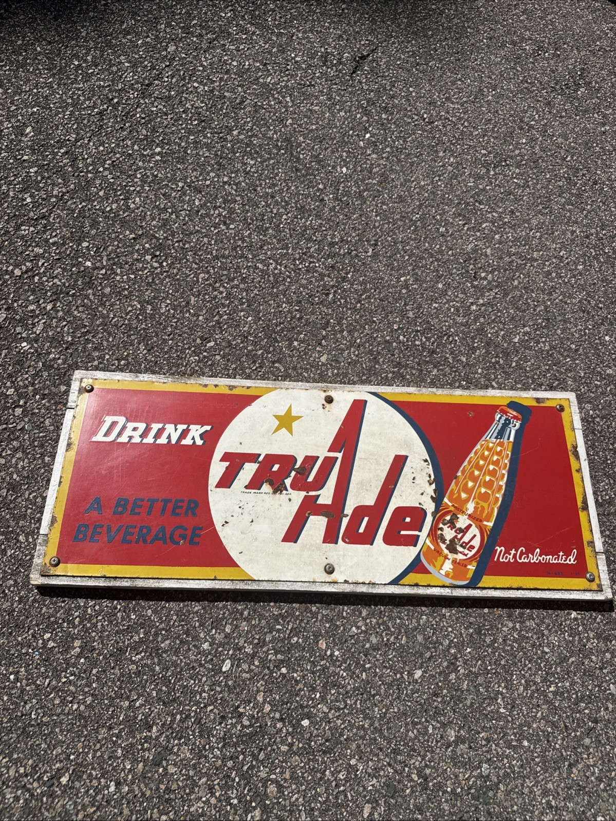 VINTAGE **RARE** 1949 ORANGE TRU ADE PAINTED TIN TACKER SODA BOTTLE SIGN. NICE