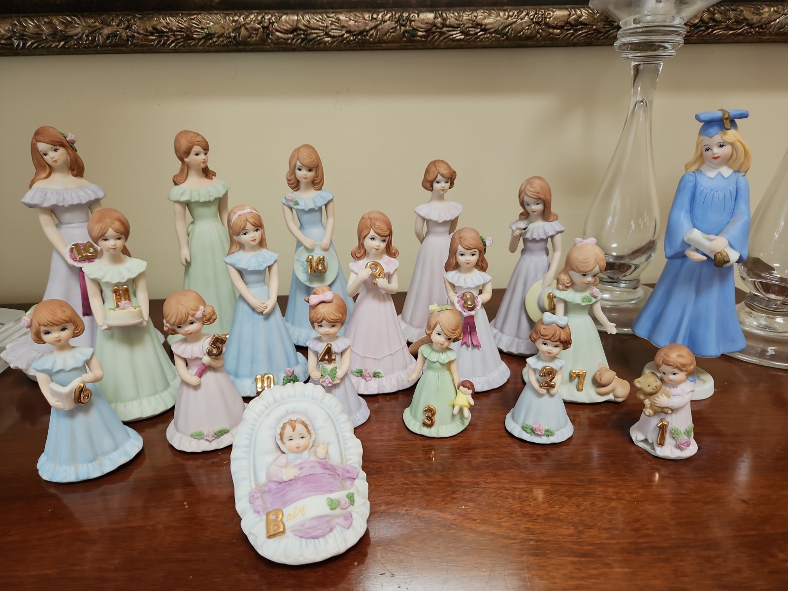 Enesco Growing Up Birthday Girls Full 18 Pc Set Brown Hair Graduation & Baby Vtg Enesco Growing Up Birthday Girls Full 18 Pc Set Brown Hair Graduation & Baby Vtg