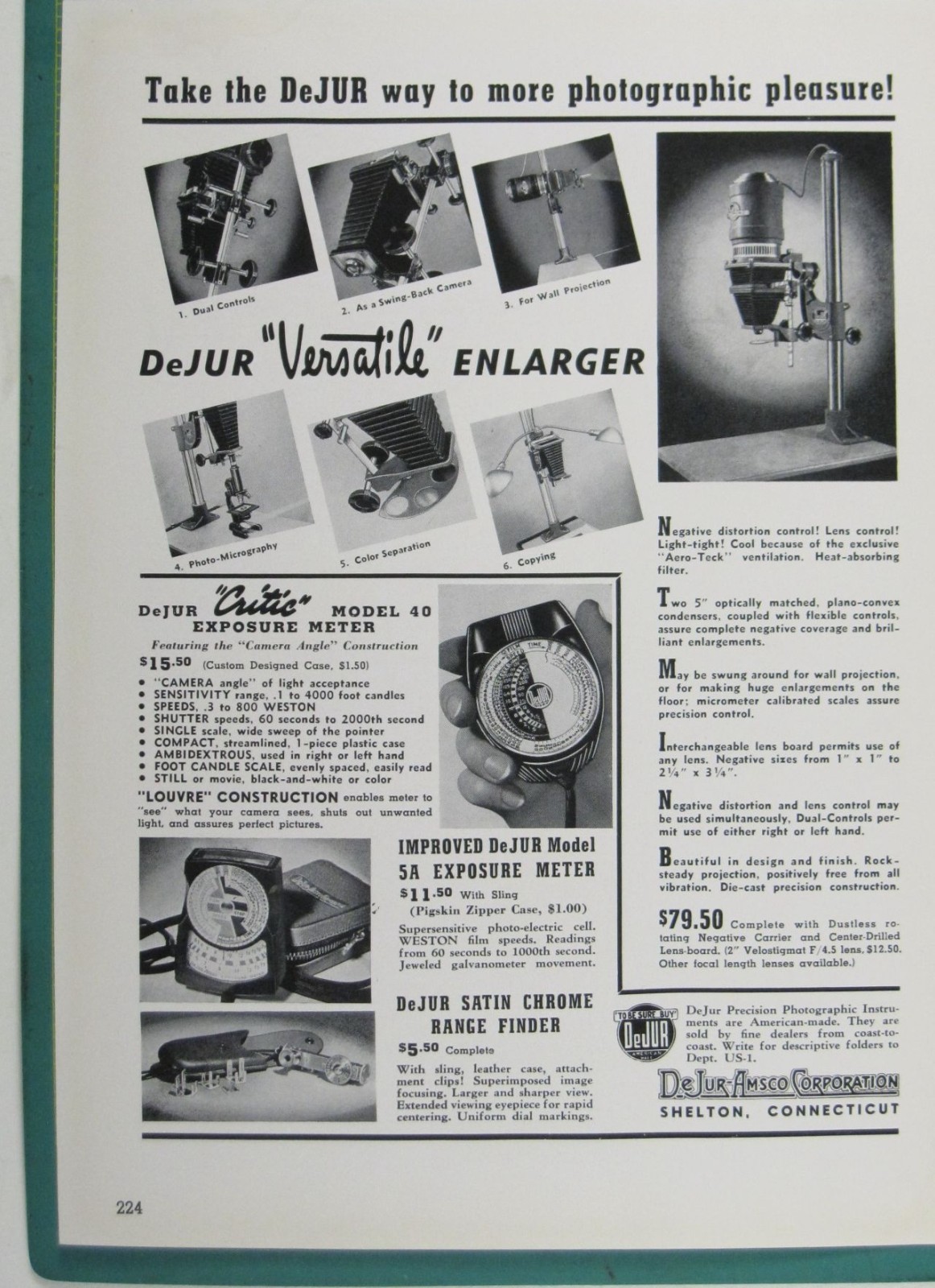 Print Ad DeJur Versatile Enlarger 1940s Photo Equipment DeJur Amsco Corp USA