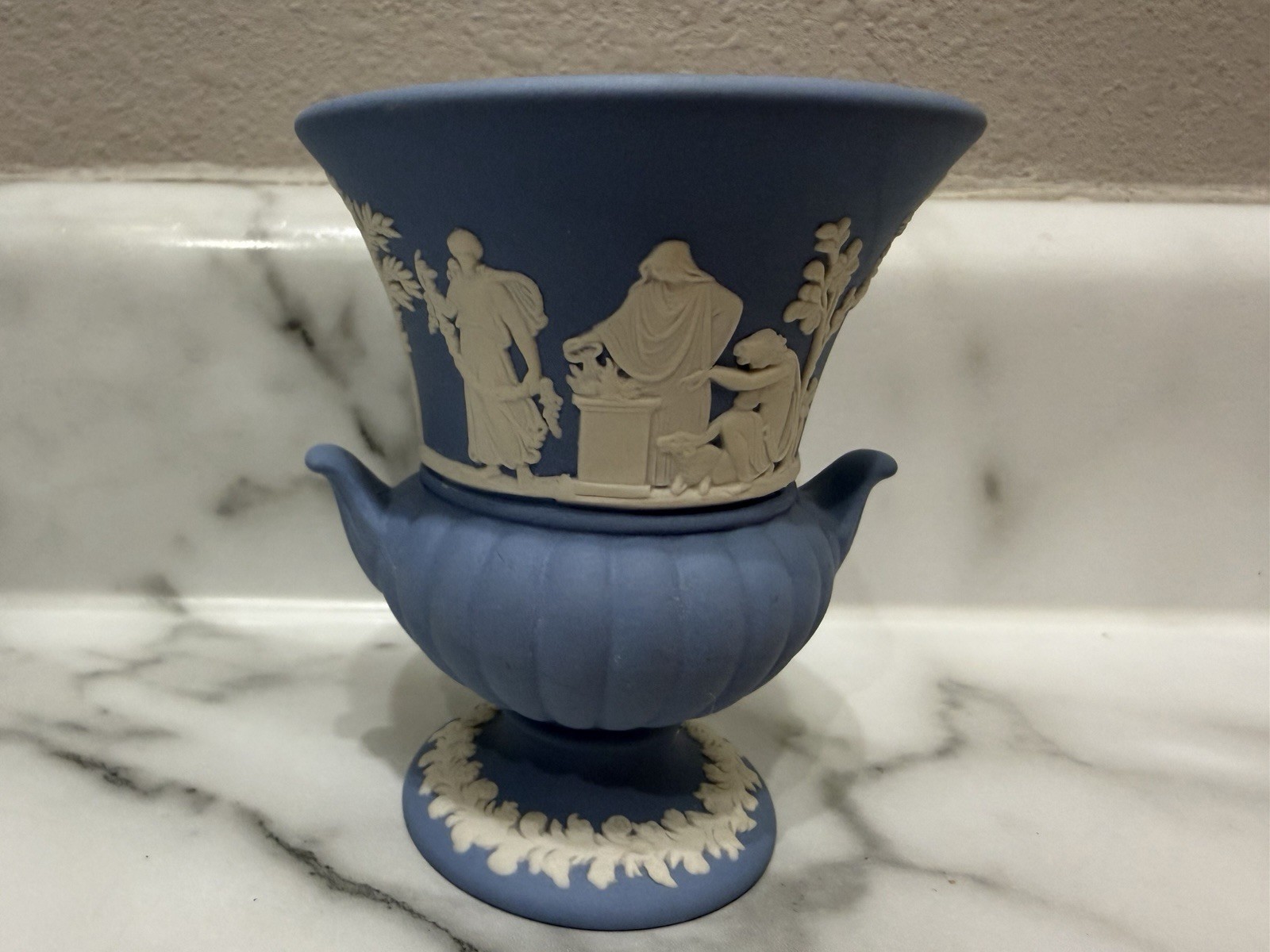 Vintage Wedgwood Blue Mini Urn Vase Handles Jasperware England Stamped