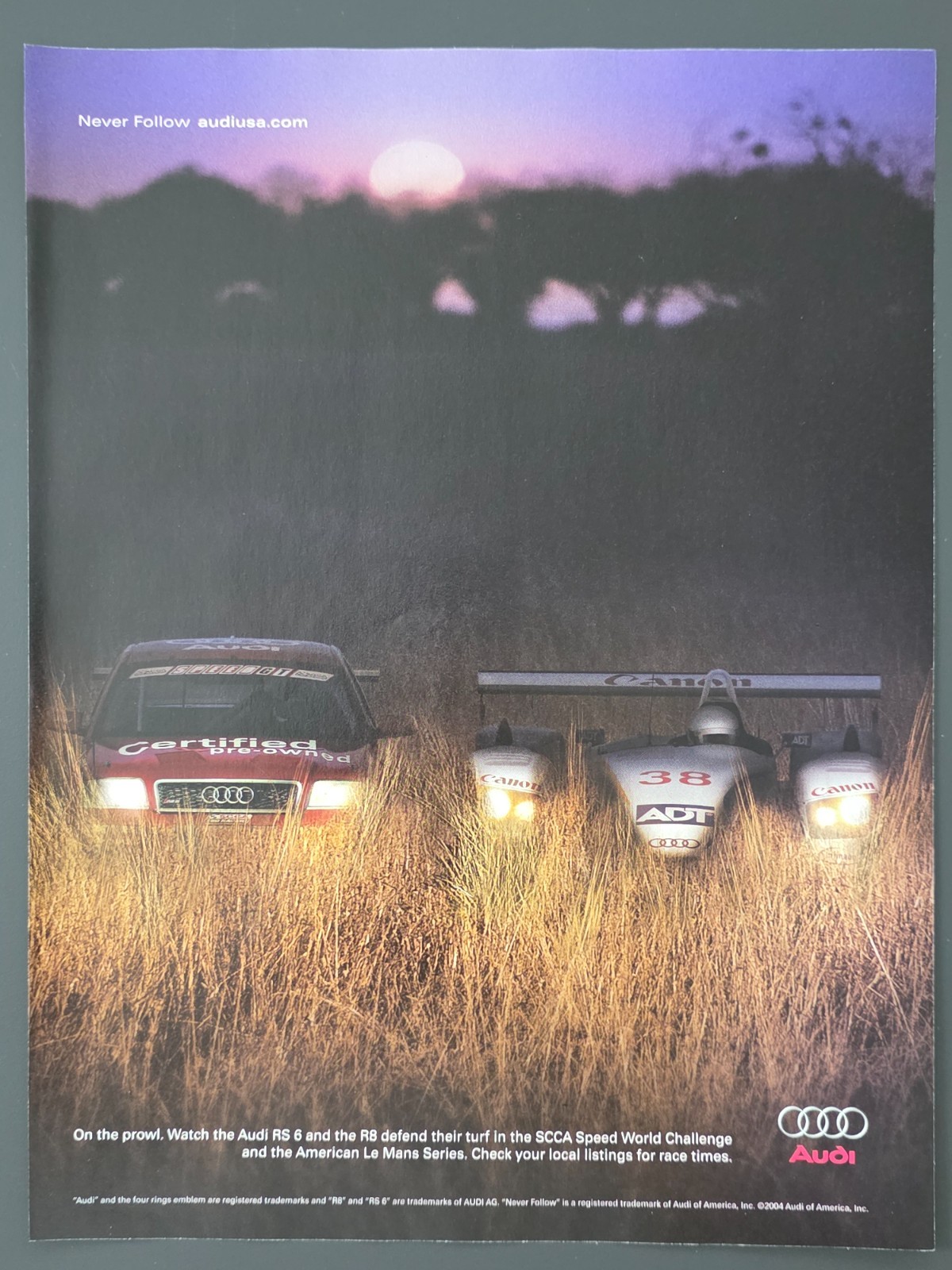2004 PRINT AD Audi RS6 (SCCA Speed World) & R8 (American Le Mans) 