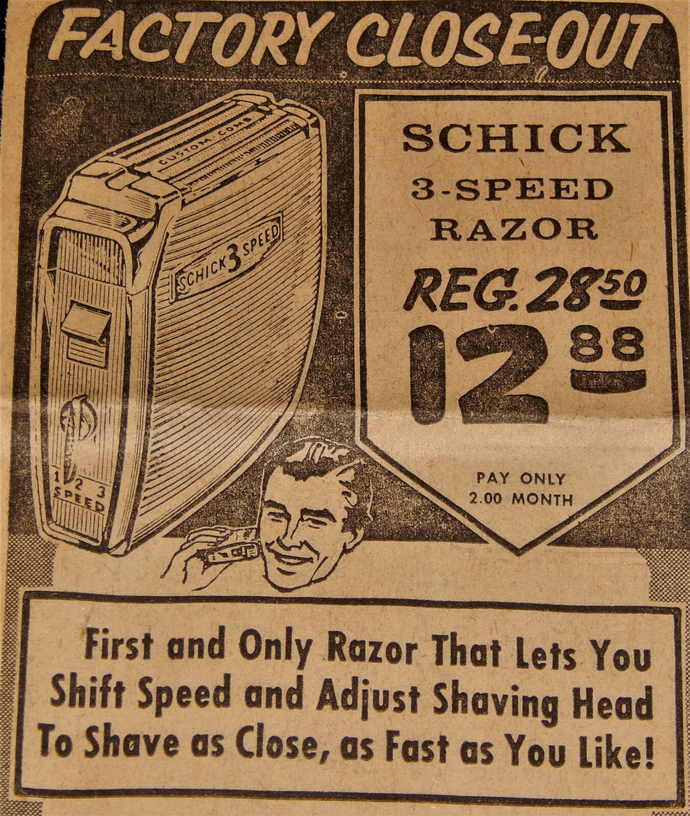 Vintage Advertisement,WA,1962, SCHICK 3 SPEED ELECTRIC RAZOR,