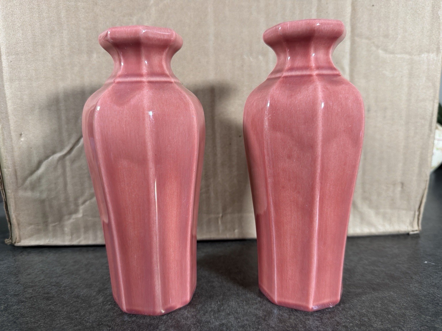 Pair Antique Paul Milet Sevres France Pink Art Deco Ceramic Vases PM 7.75” Pair Antique Paul Milet Sevres France Pink Art Deco Ceramic Vases PM 7.75”