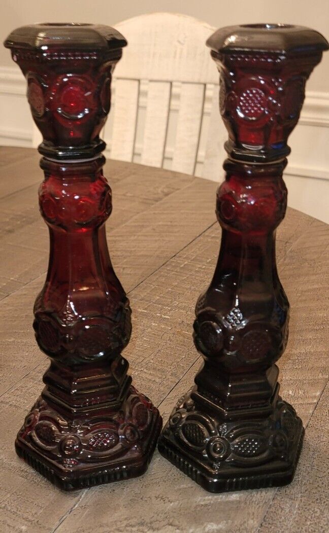Set of 2 Avon Ruby Red Cape Cod Collection Candle Stick Holders