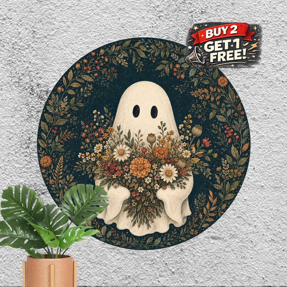 Cute Little Ghost Holding Wildflowers Halloween Round Metal Sign 8x8