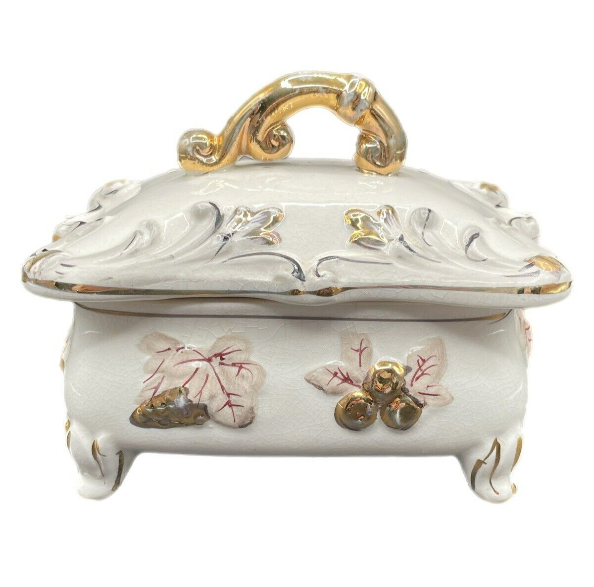 Vintage Hand Painted Footed Porcelain Trinket Vanity Box Fruit Leaf Gold Accents