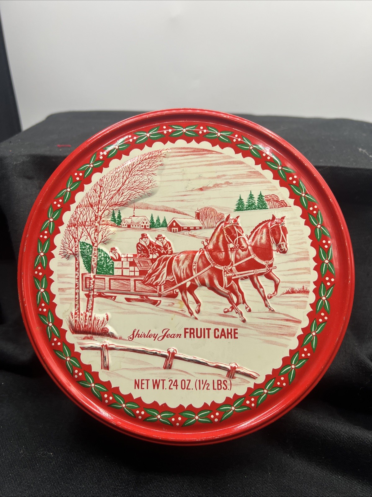 Vintage Shirley Jean Embossed  7” Fruit Cake Tin USA Red Christmas Sleigh