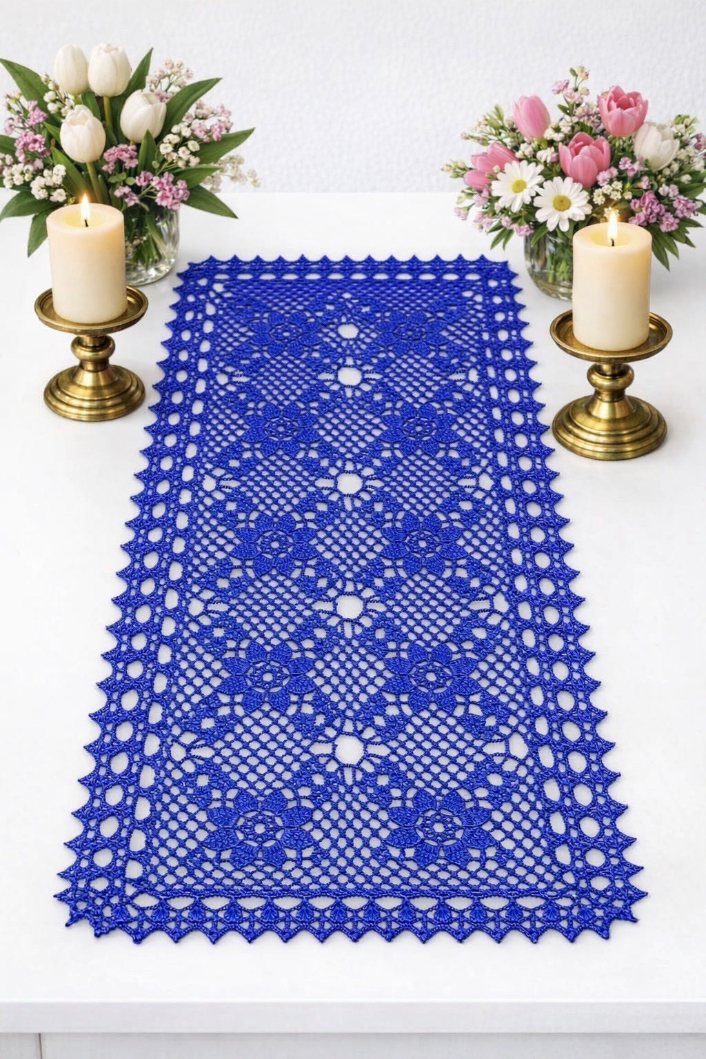 Blue Crocheted Table Runner, Christmas Mantle Runner, Kitchen Decor, Dining Deco Blue Crocheted Table Runner, Christmas Mantle Runner, Kitchen Decor, Dining Deco
