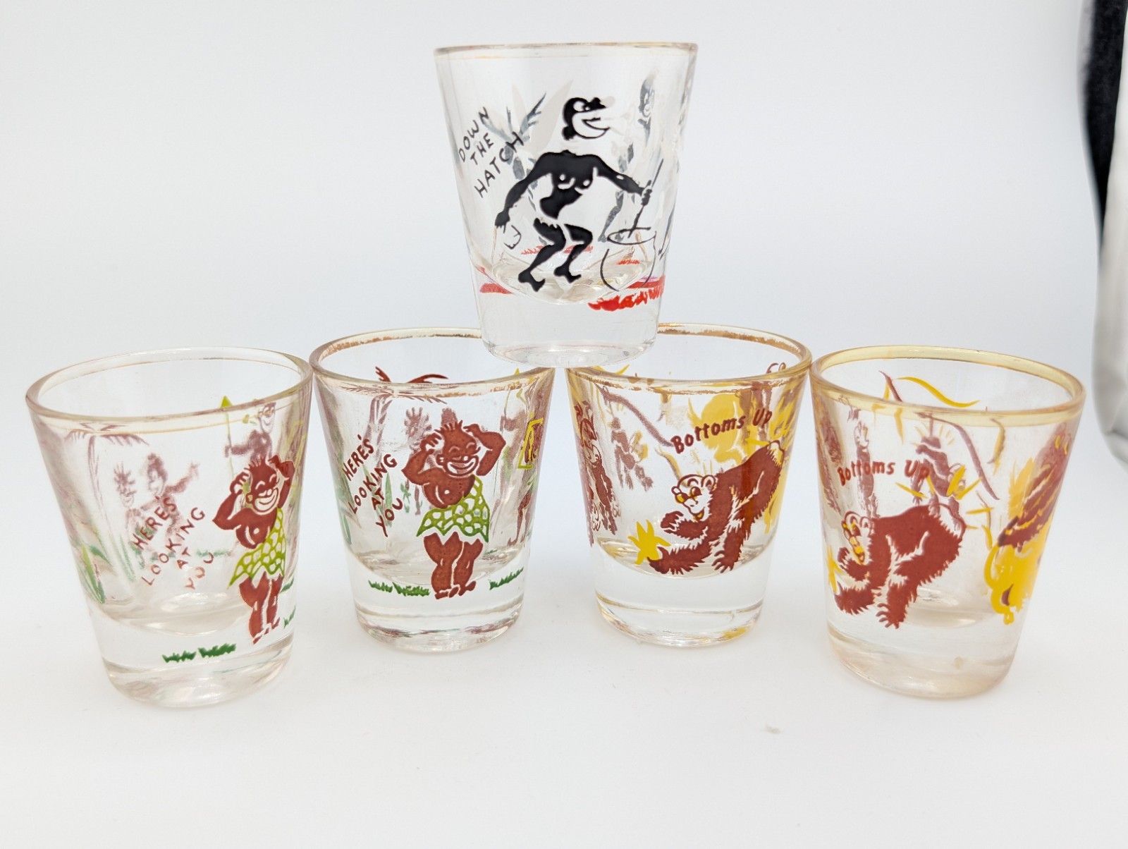 Vintage Federal Glass Rumpus Novelty Shot Glass Lot Of 5 Mixed Set Bottoms Up