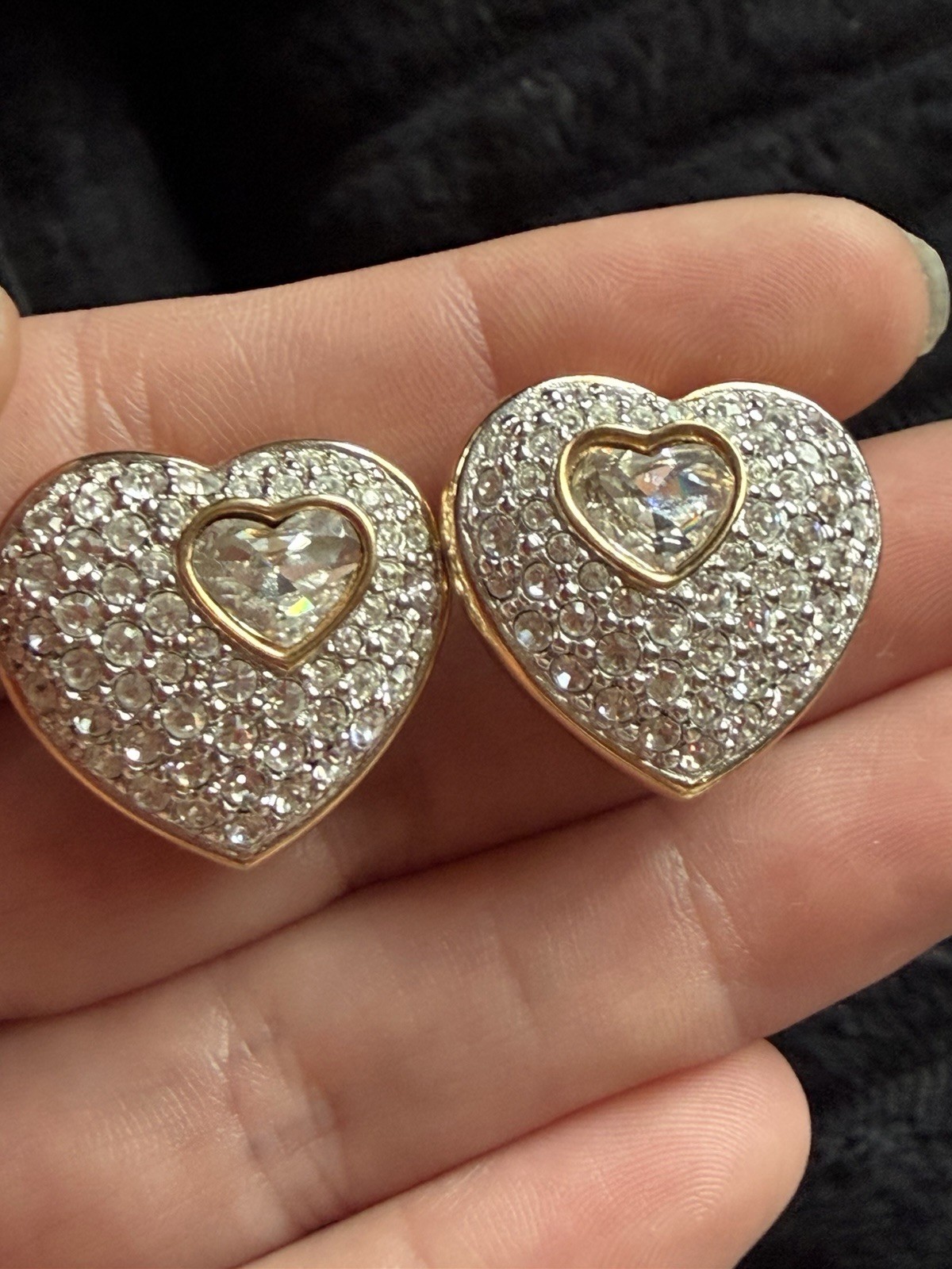 Vintage Swarovski Heart Clip On Earrings Crystal Pavé Gold Tone Signed Swan