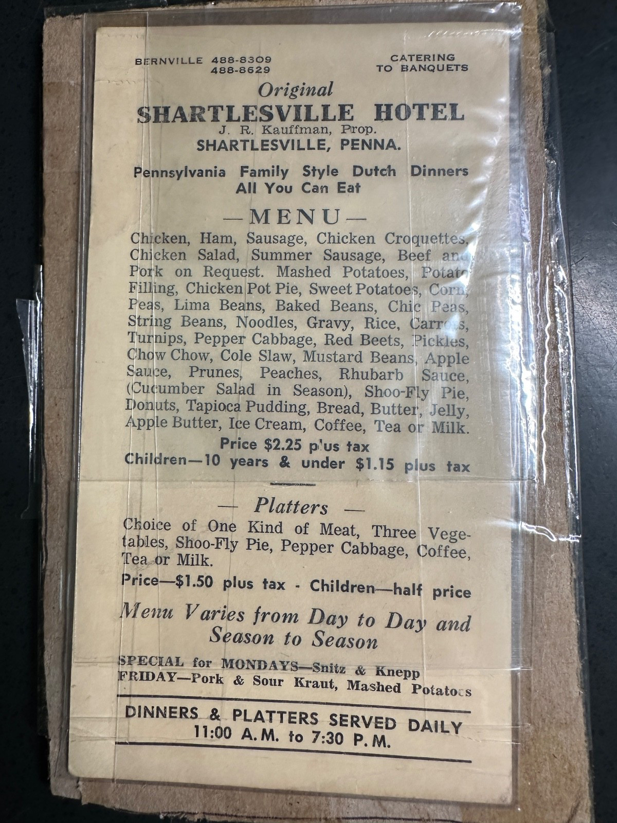 1940's Shartlesville Hotel menu - Dutch Dinners - Shartlesville , PA 1940's Shartlesville Hotel menu - Dutch Dinners - Shartlesville , PA