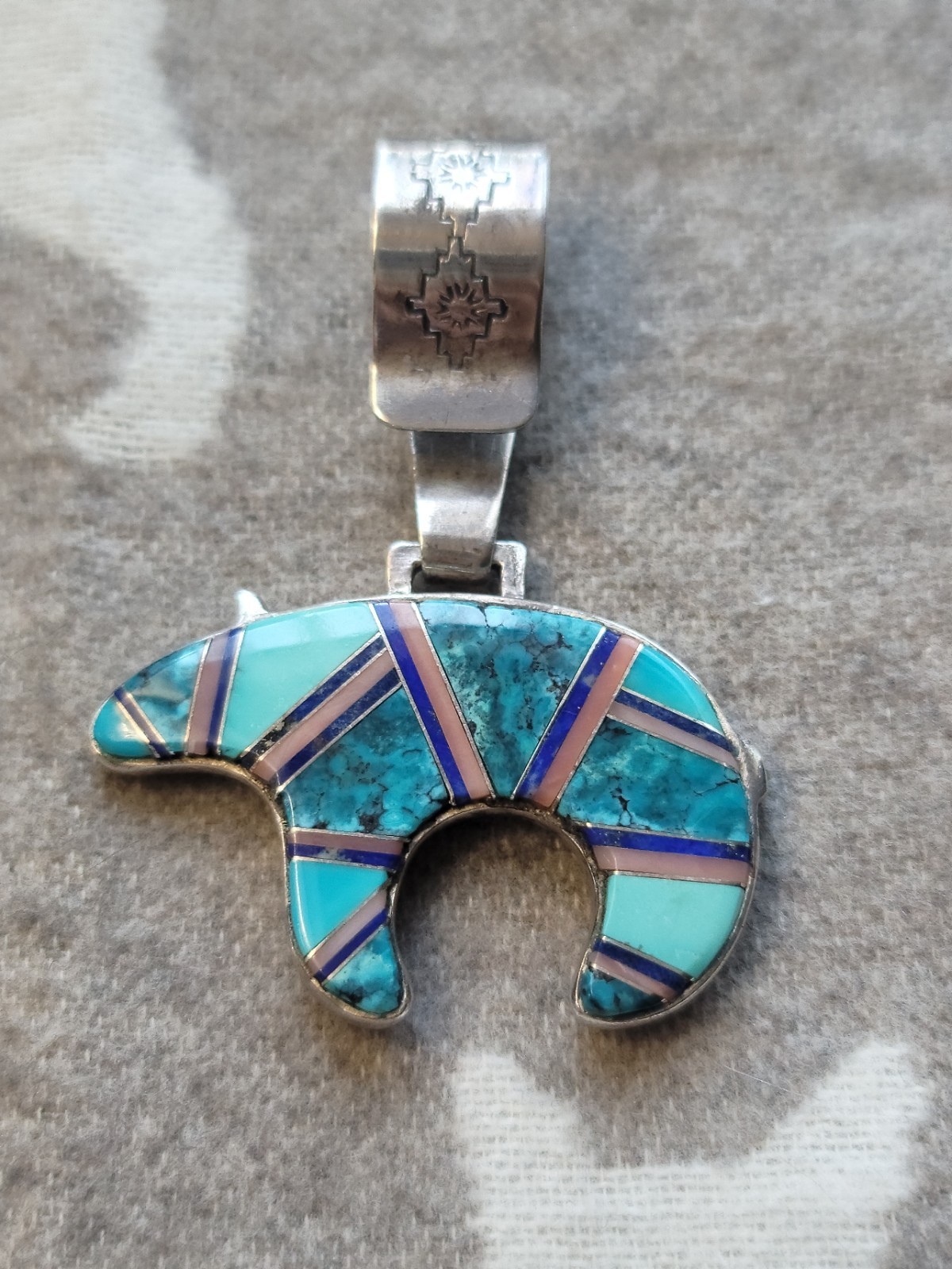 Vintage *Heavy* Native American Reversible Bear Pendant .925 w/MULTI STONE Inlay
