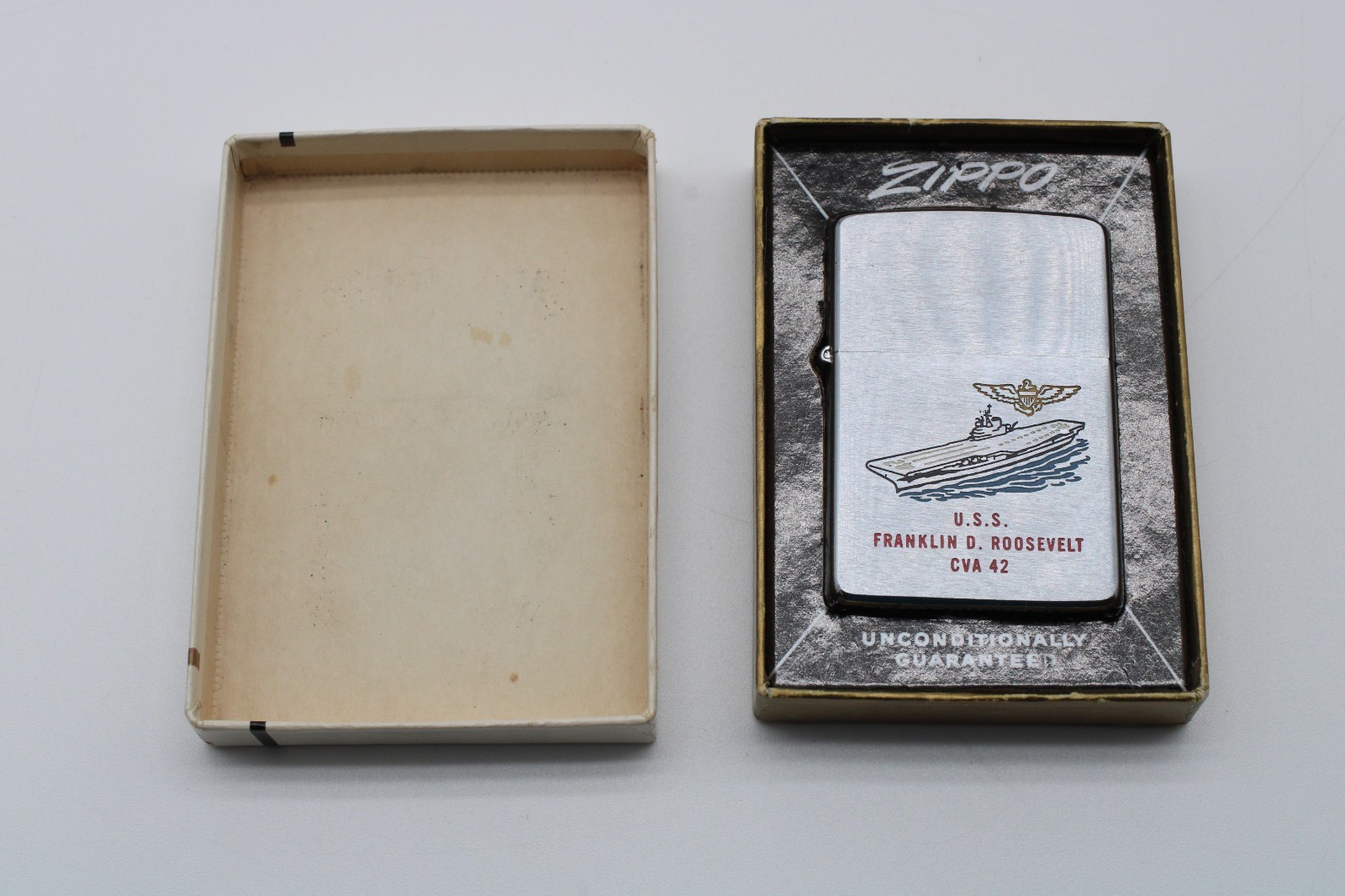 VTG Excellent 50\'s Zippo Lighter USS Franklin D Roosevelt CVA 42 Nuclear US Navy