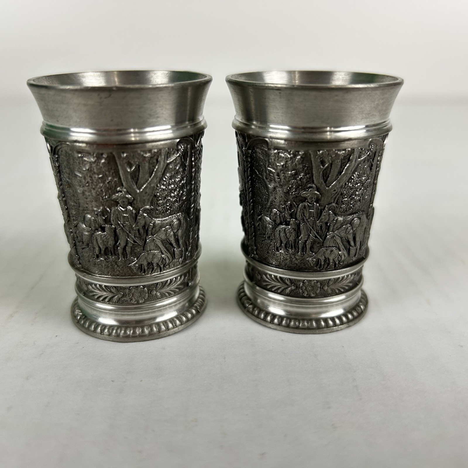 (2) Vintage SKS Zinn 95% Pewter Shot Glass Set Made in Germany Cattle Sheep Farm