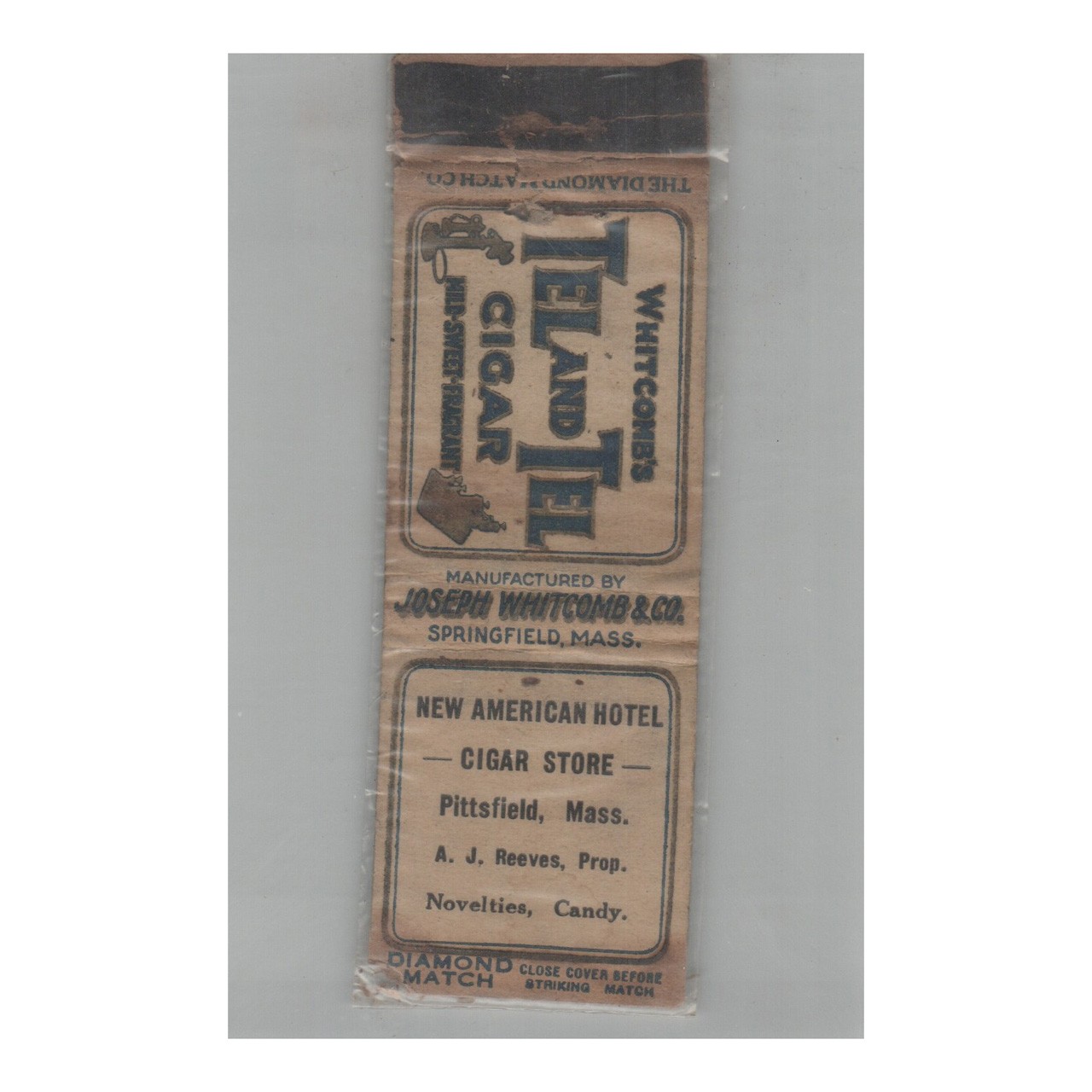 1920s-1930s Diamond Q Tall Matchbook Cover New American Hotel Springfield MA