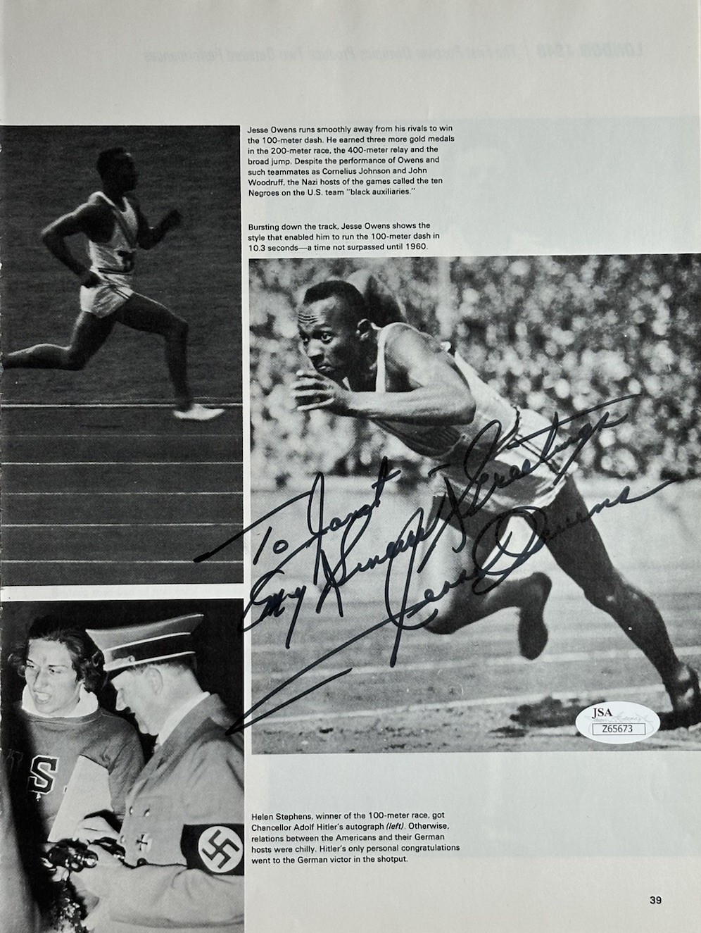 Jesse Owens Signed/Autographed Magazine Page 8.5x11 Photo JSA LOA