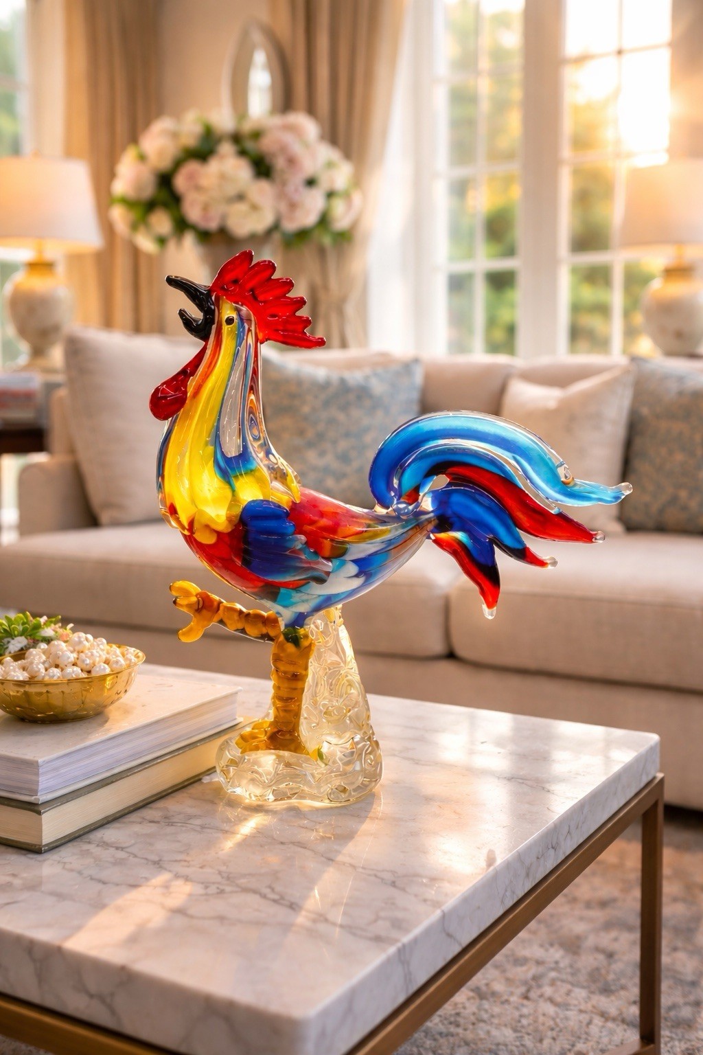 DEFECTIVE VTG MCM Large Multicolor Murano Glass 12 Rooster Figurine G3D