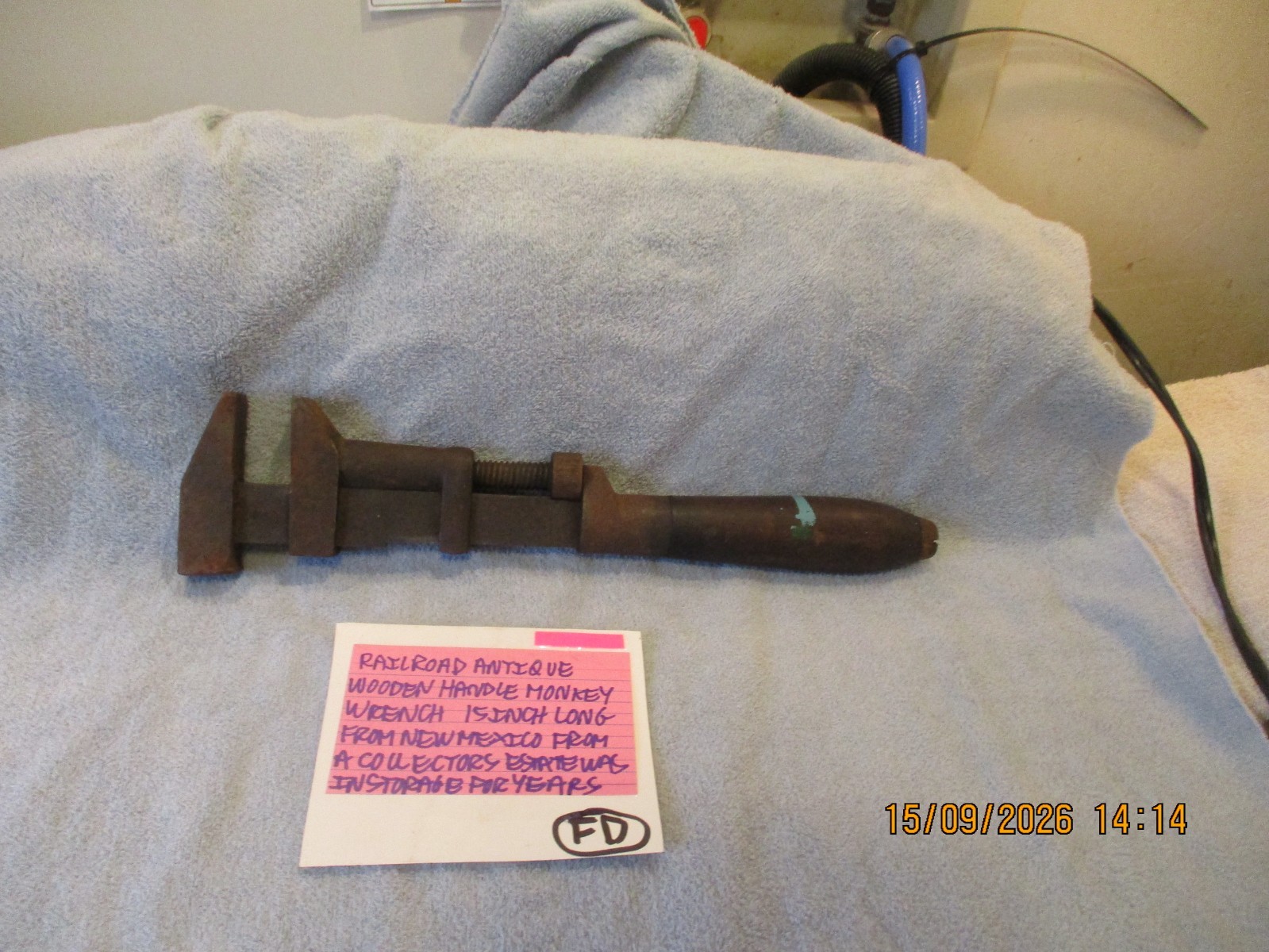 RAILROAD ANTIQUE WOODEN HANDLE MONEY WRENCH 15 INCH LONG FROM NEW MEXICO ESTATE