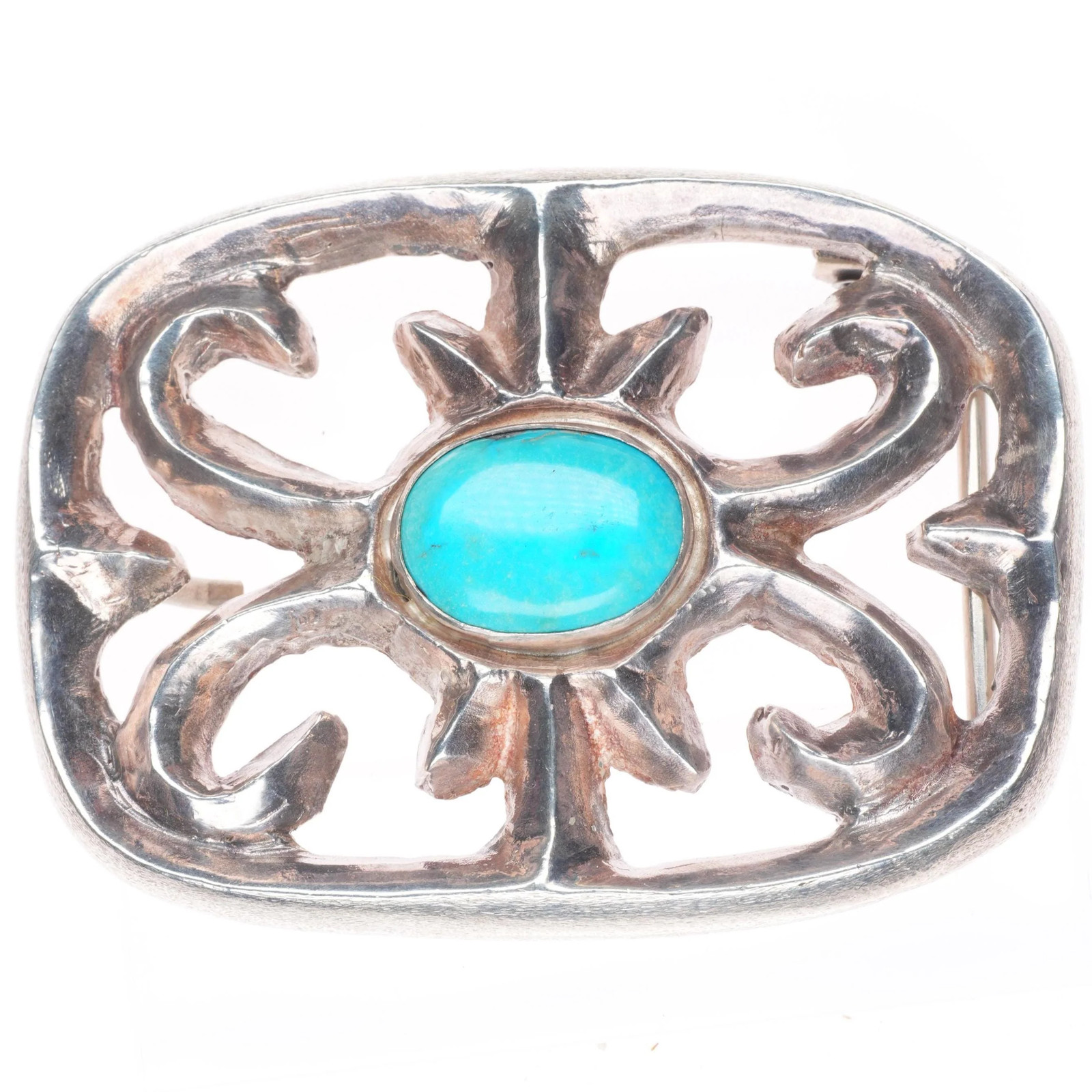 Heavy vintage Native American cast sterling silver belt buckle with turquoise
