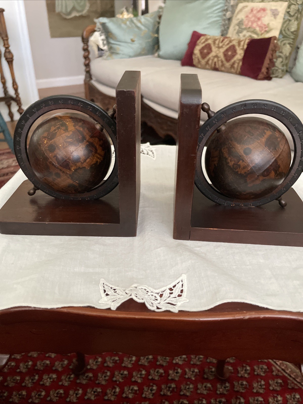 Vintage MCM Wooden Old World Rotating Globe Bookends Made in Italy Rustic Decor Vintage MCM Wooden Old World Rotating Globe Bookends Made in Italy Rustic Decor