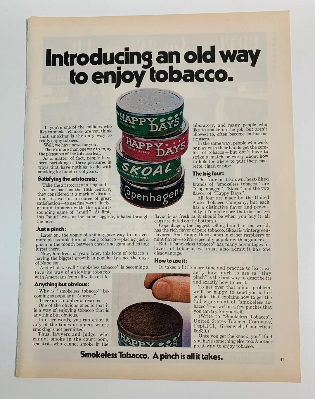 1972 Copenhagen Skoal Happy Days Smokeless Tobacco Tin Print Ad Advertisement