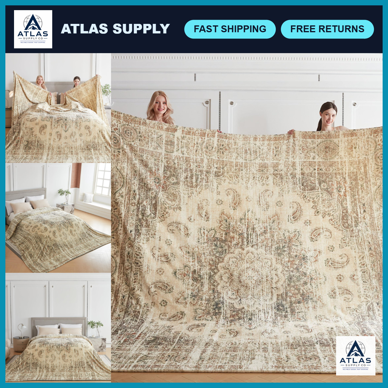 Extra Large Oversized Vintage Pattern Blanket 120x120 Inches for Bed & Travel