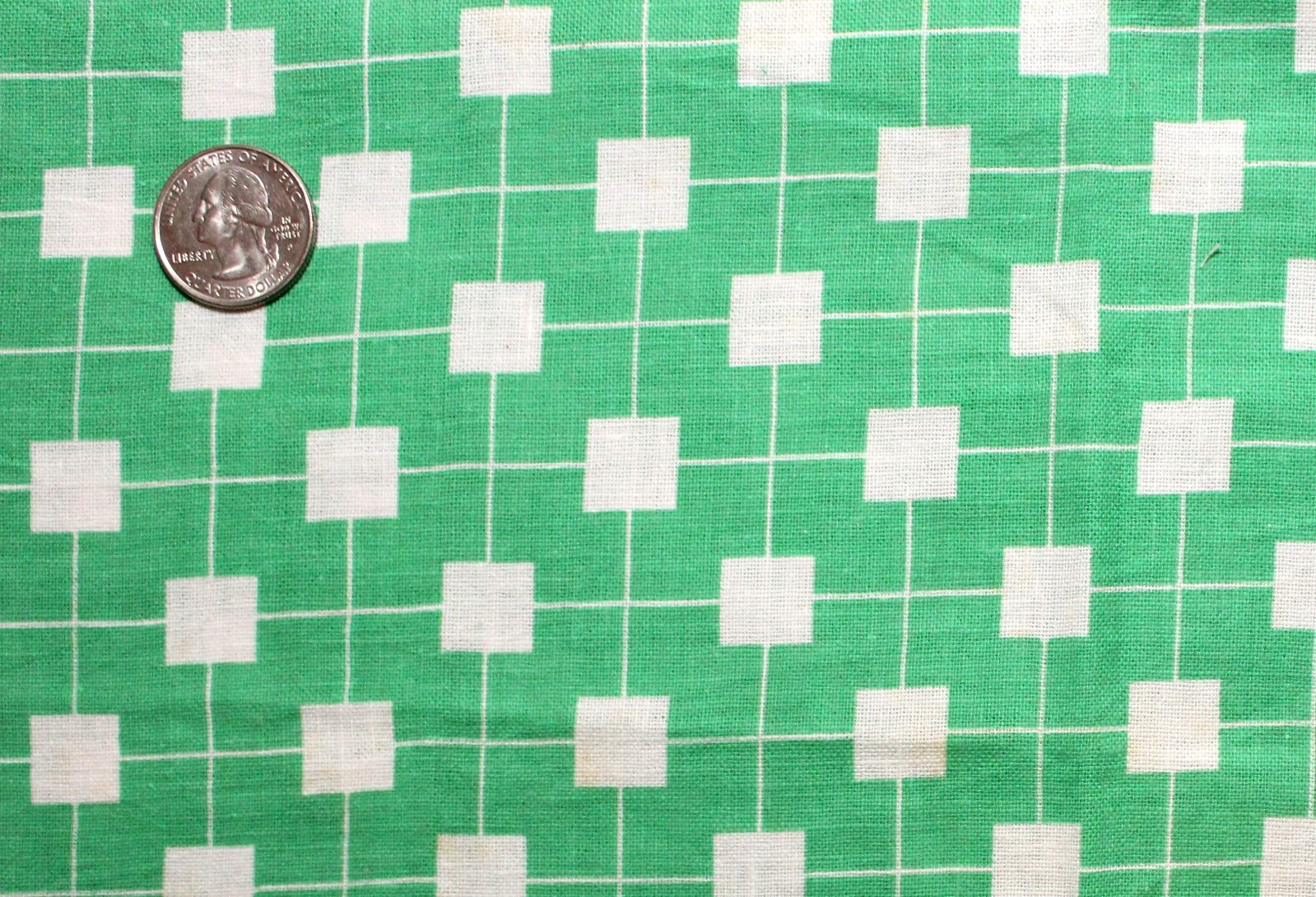 Antique Vtg Unopened Feedsack Quilt Fabric White Boxes on Green Background Antique Vtg Unopened Feedsack Quilt Fabric White Boxes on Green Background
