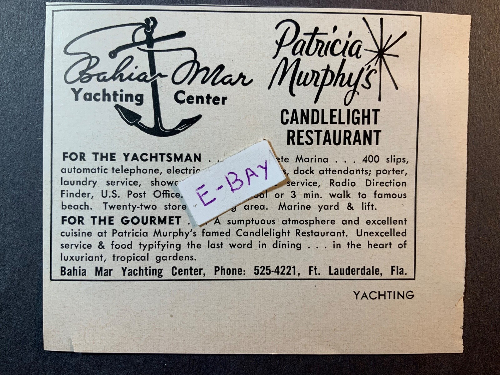 1962 Ad. Bahia Mar Yachting Center. Patricia Murphy\'s Candelight Restaurant