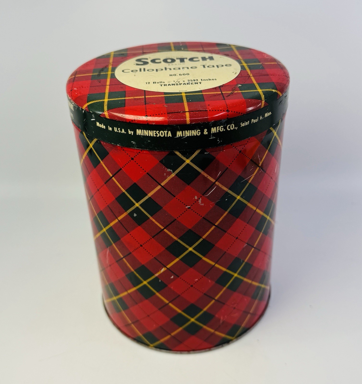 Vintage 6.75” Scotch Cellophane Tape Tin Plaid Metal Empty Display Canister RARE