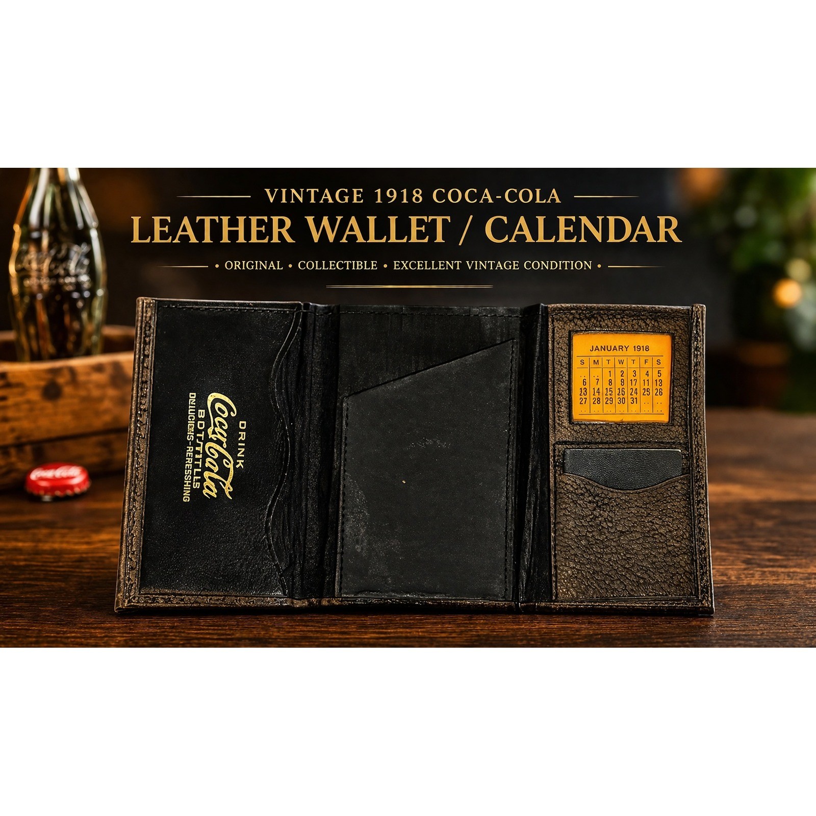 Vintage 1918 Coca-Cola Leather Trifold Wallet Calendar Brown Black Collectible Vintage 1918 Coca-Cola Leather Trifold Wallet Calendar Brown Black Collectible
