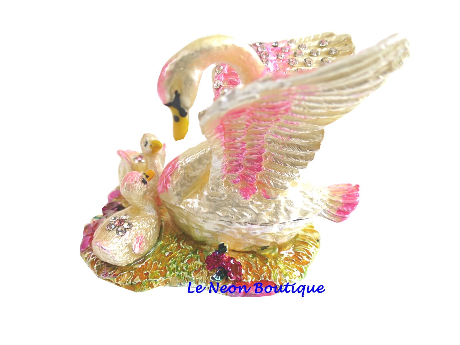 Bejeweled Swan mom & babies Hinged Metal Enameled Rhinestone Trinket Box