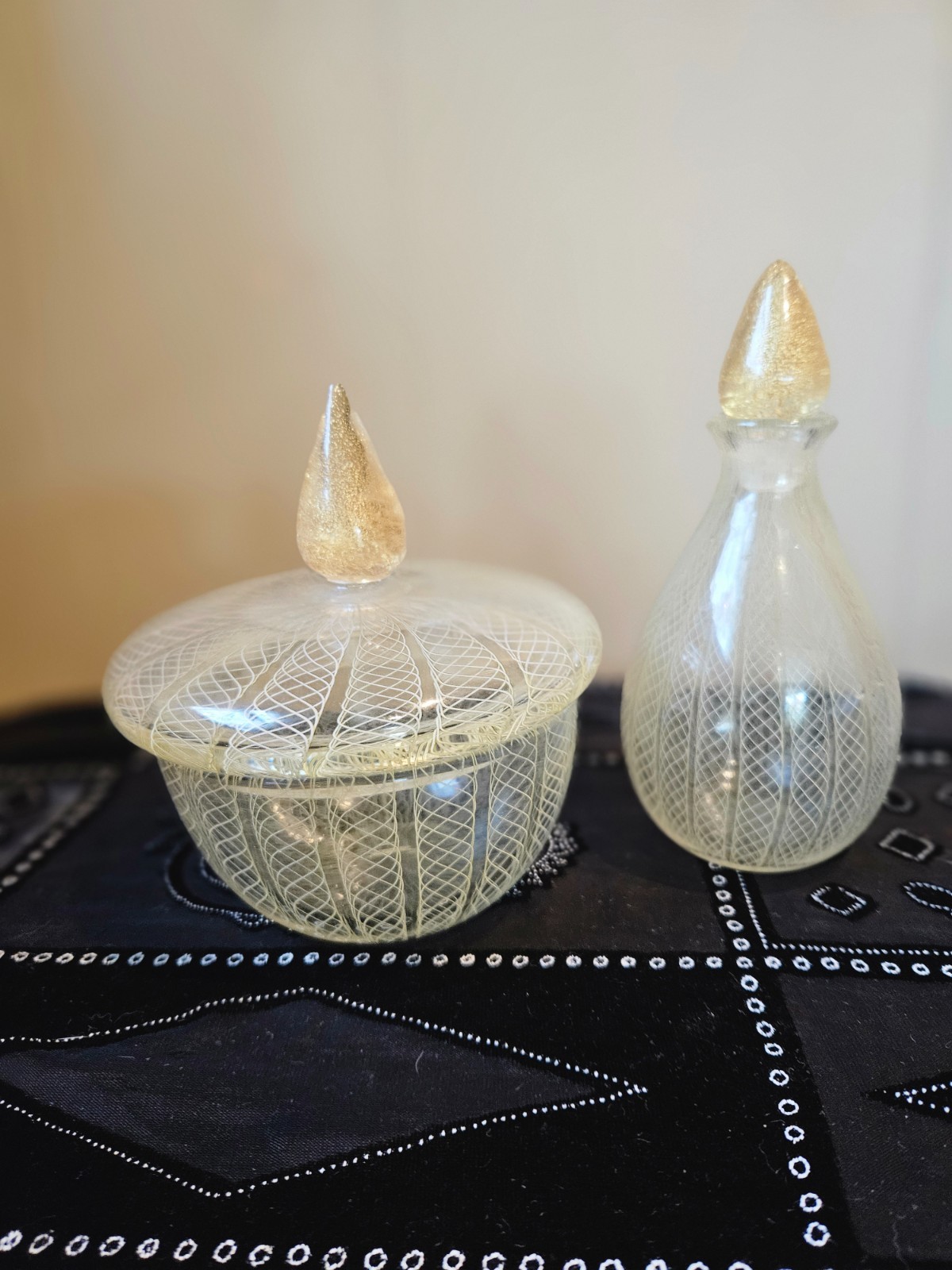 Vintage Archimede Seguso Lacework perfume bottle & lidded vanity jar