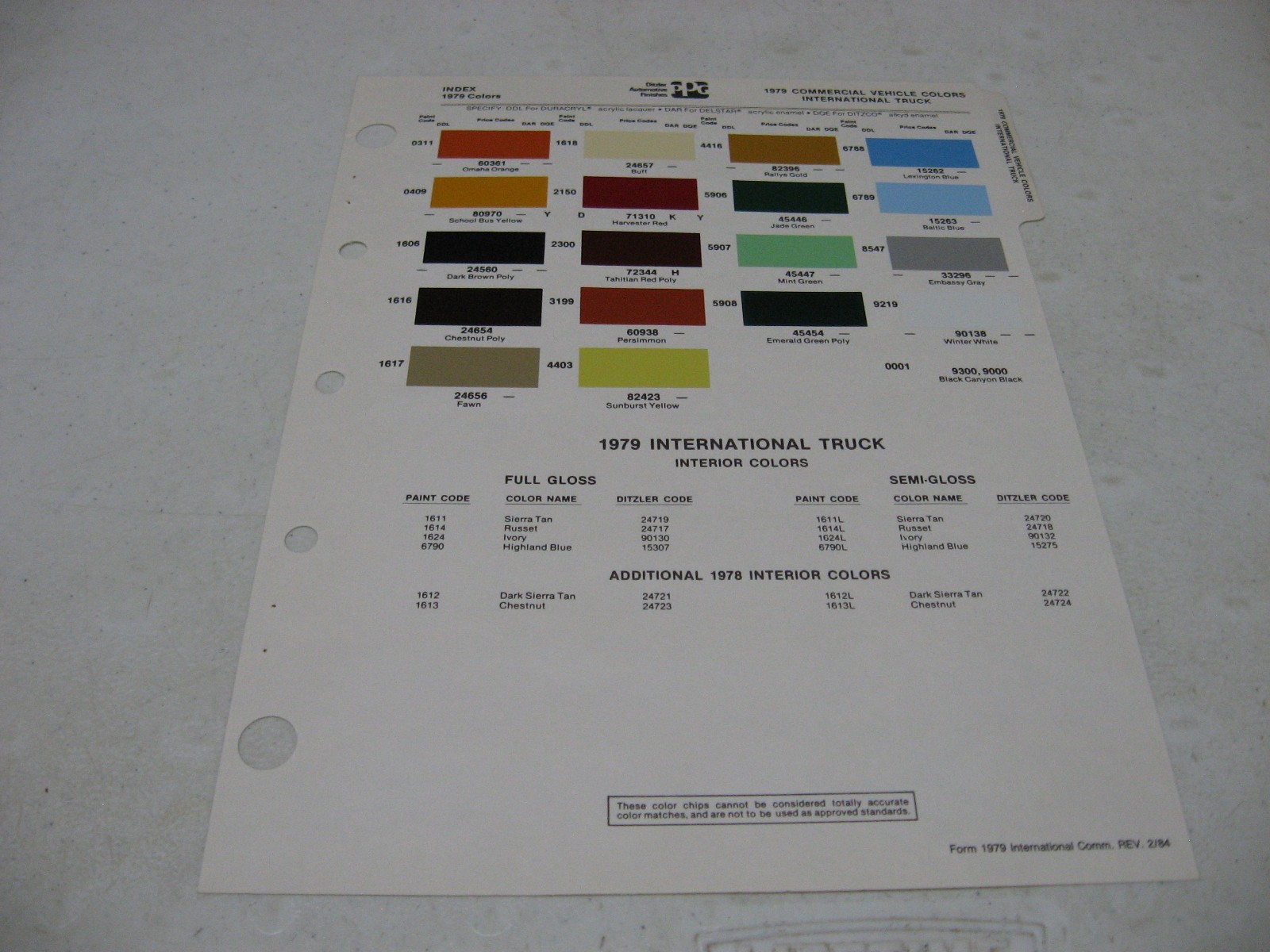 1979 Commercial International Truck Original PPG Ditzler 1 Page Paint Color Chip