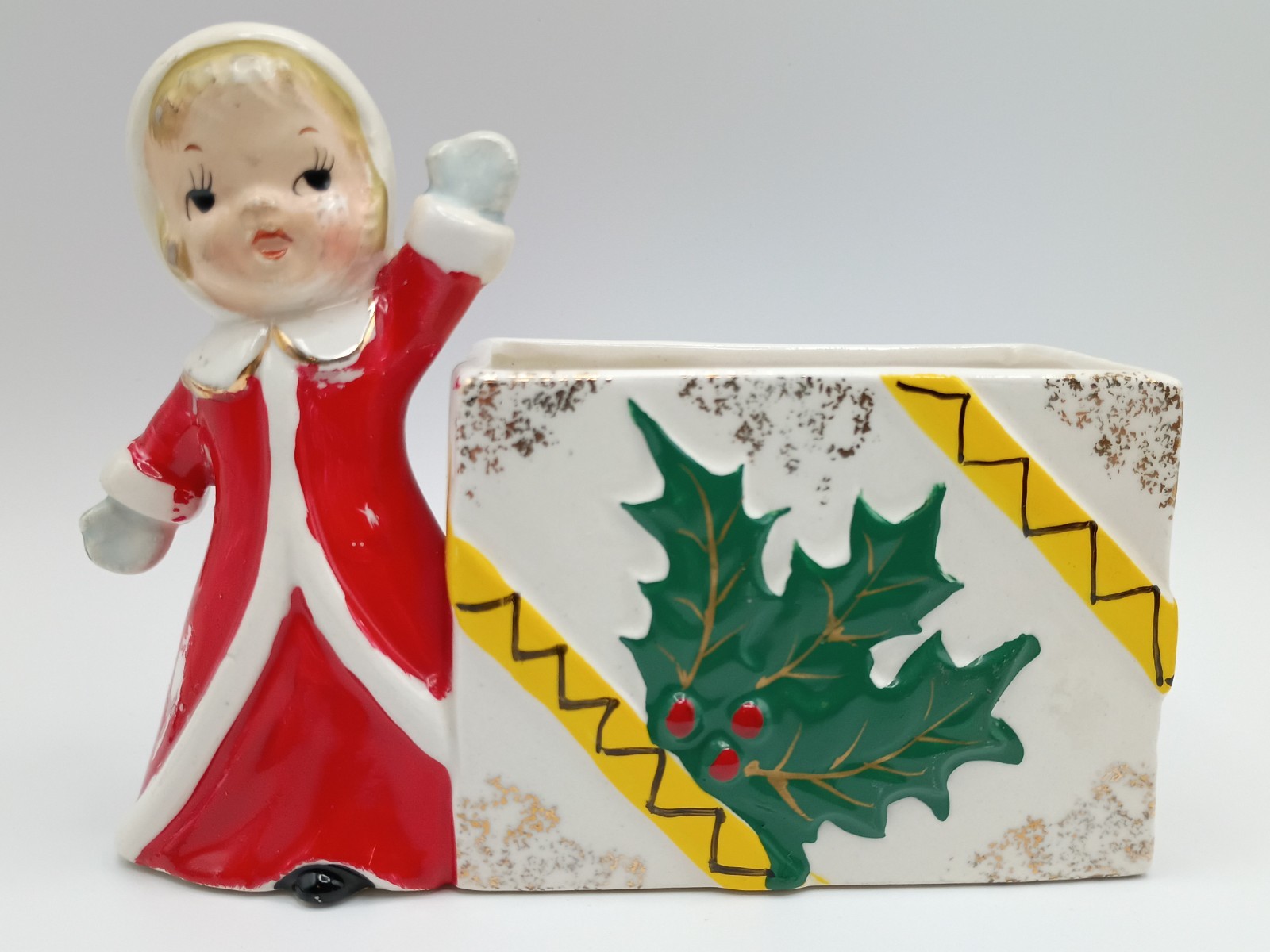 Vintage Norcrest Mrs Claus Girl Holly Planter Fine China Japan Christmas 4\