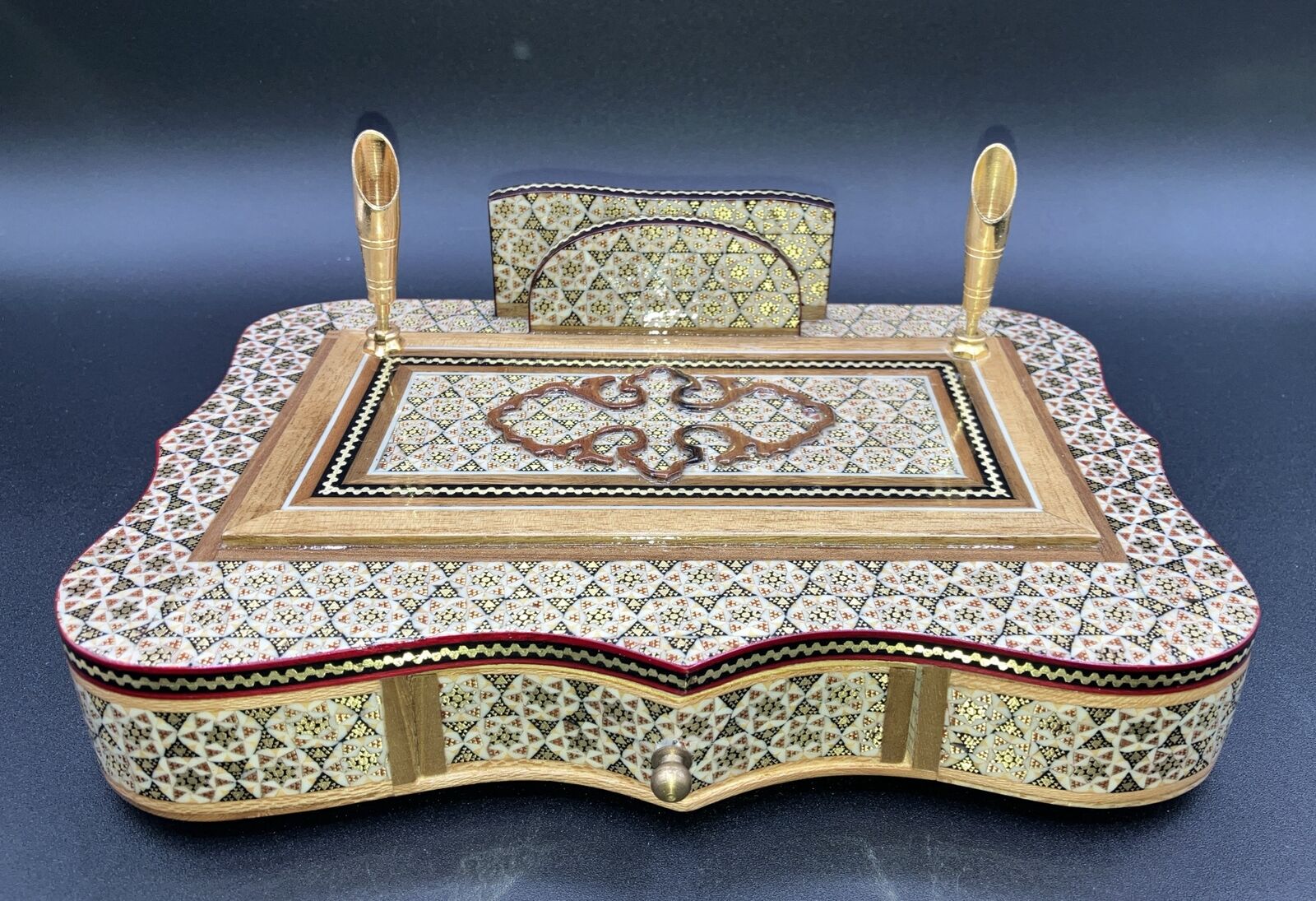 Persian Elegant Wood Desk Set, Wood Marquetry Khatam Kari Kingdom Design Mosaic