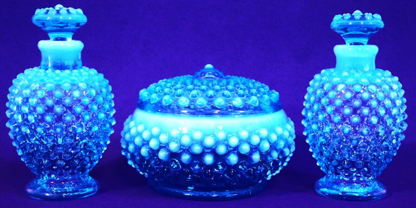 Fenton Opalescent Blue Hobnail Glass Vanity Dresser Set