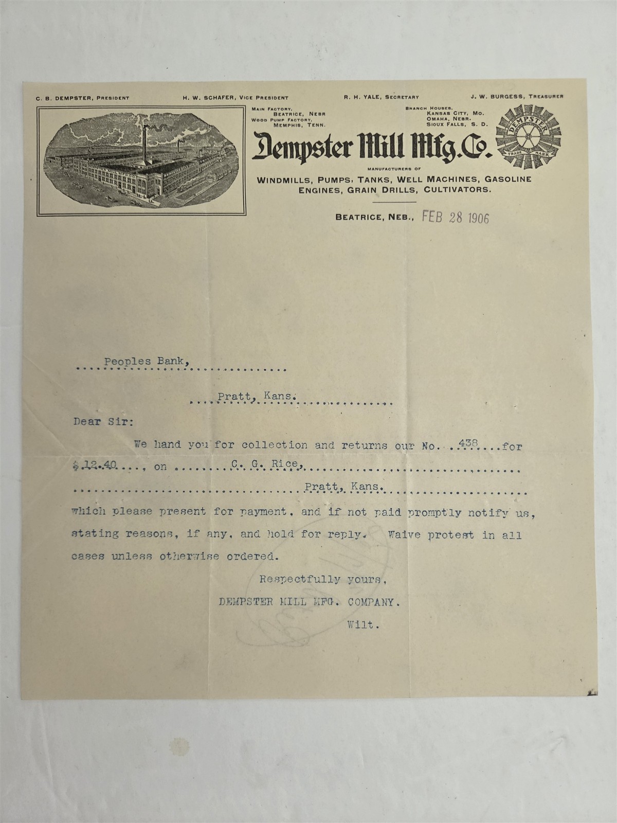 1906 antique DEMPSTER MILL MFG Co beatrice ne WINDMILLS PUMPS ENGINES LETTERHEAD