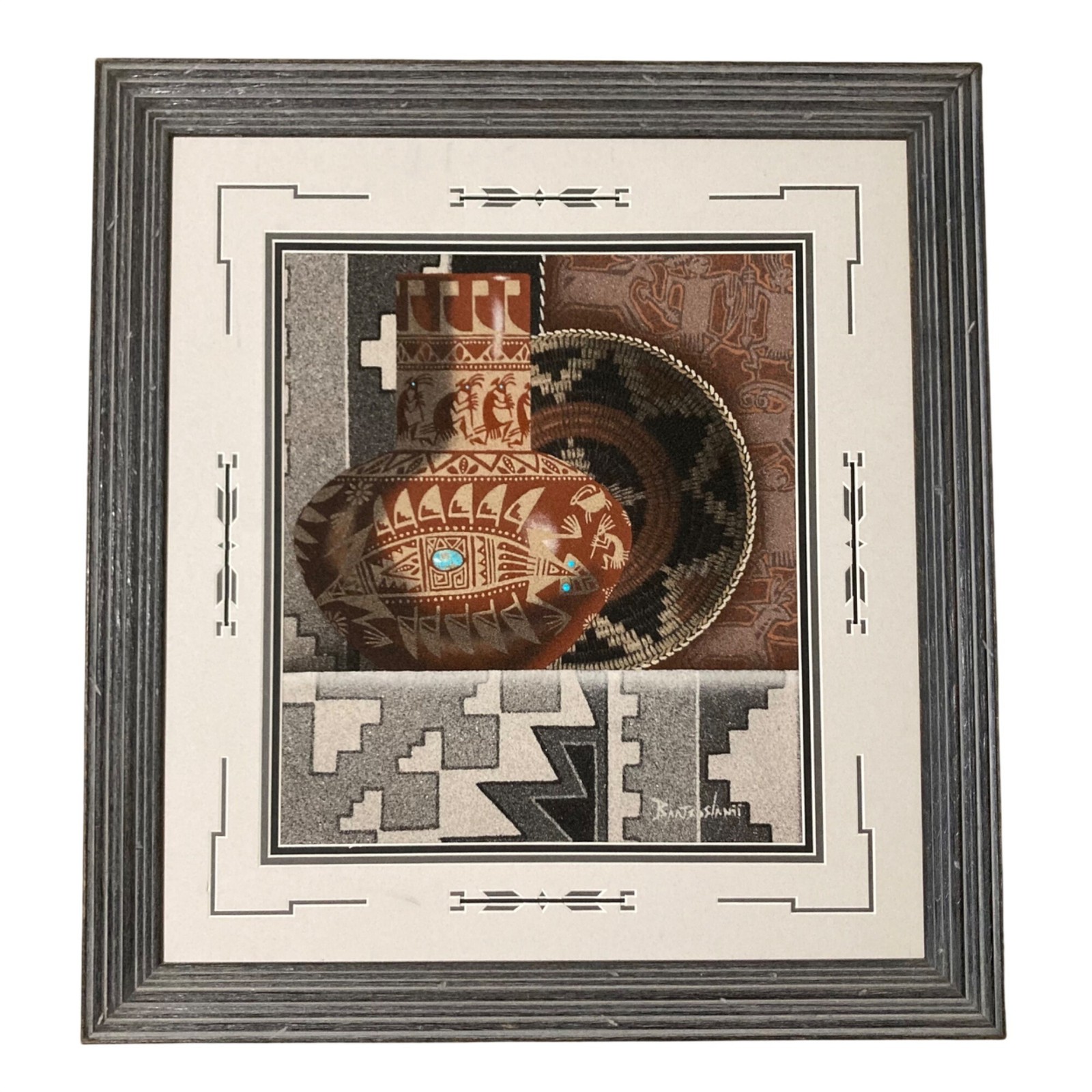 Navajo Sand Painting Of Basket & Pottery By Diné Artist Eugene Baatsoslanii Joe 